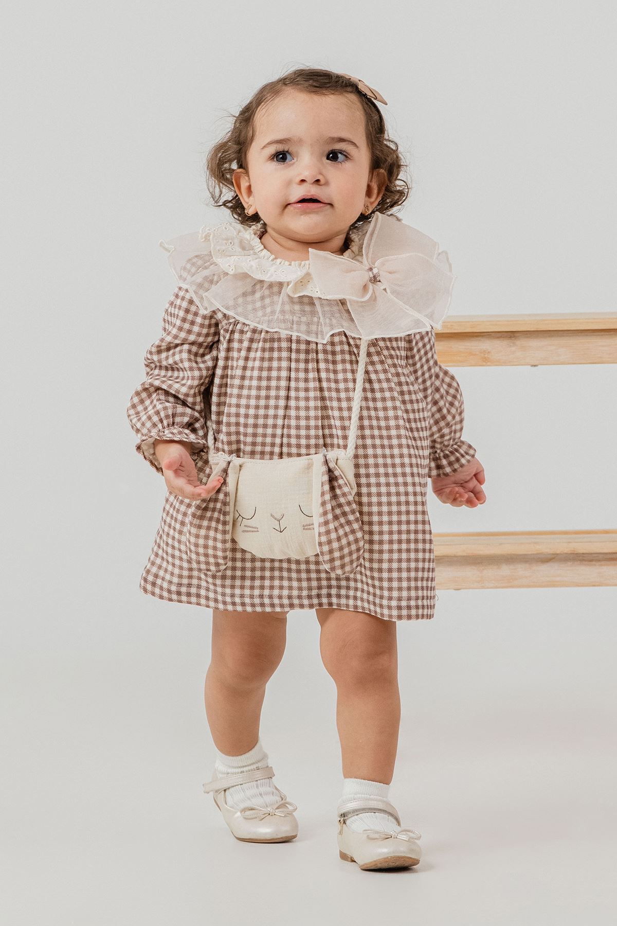 Minigimin Cicileri Prenses Yaka Tül Güpürlü Pötükare Elbise Çantalı 2'Li Kız Bebek Takım - Kahverengi