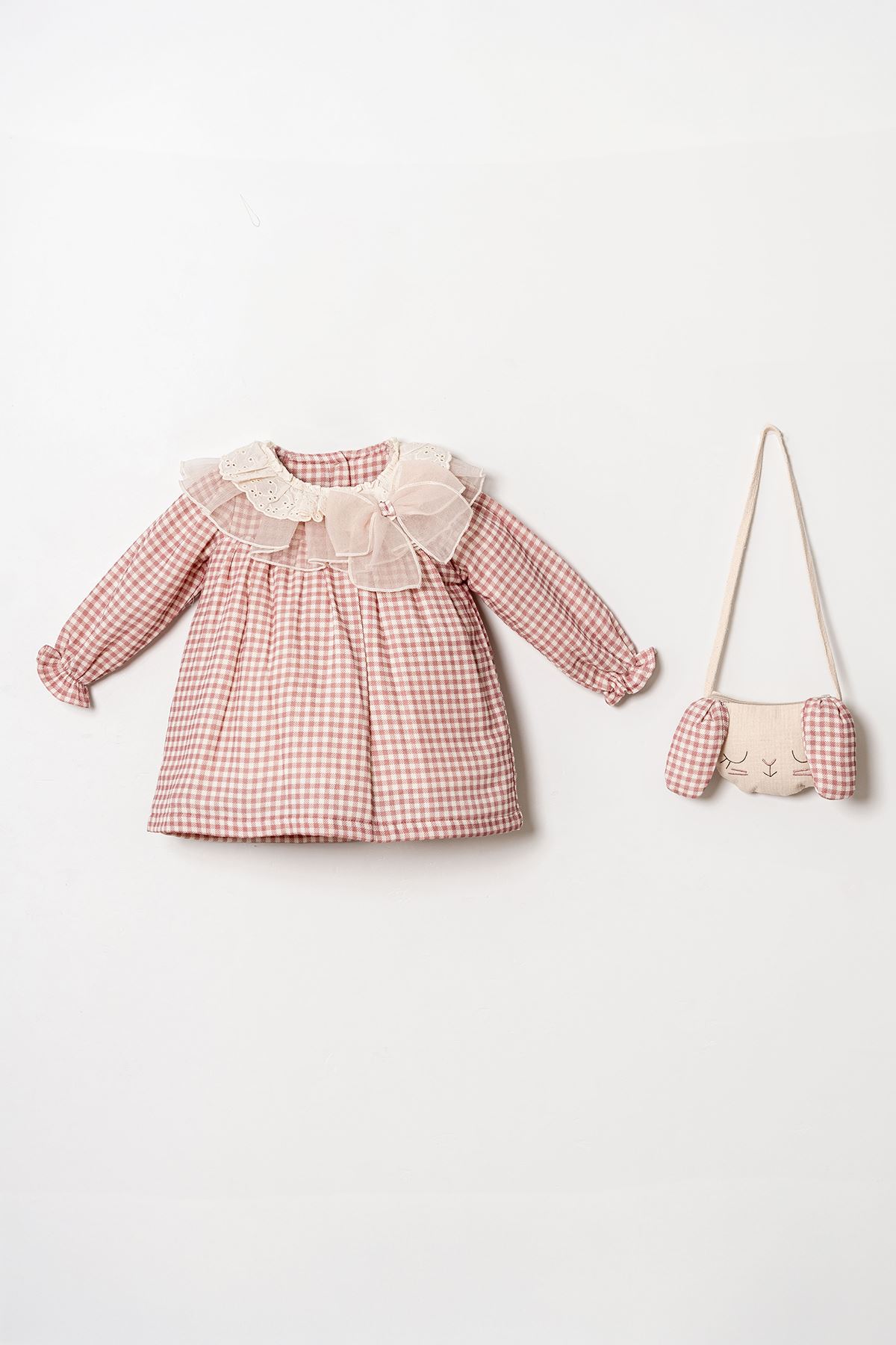 Minigimin Cicileri Prenses Yaka Tül Güpürlü Pötükare Elbise Çantalı 2'Li Kız Bebek Takım - Gül Kurusu