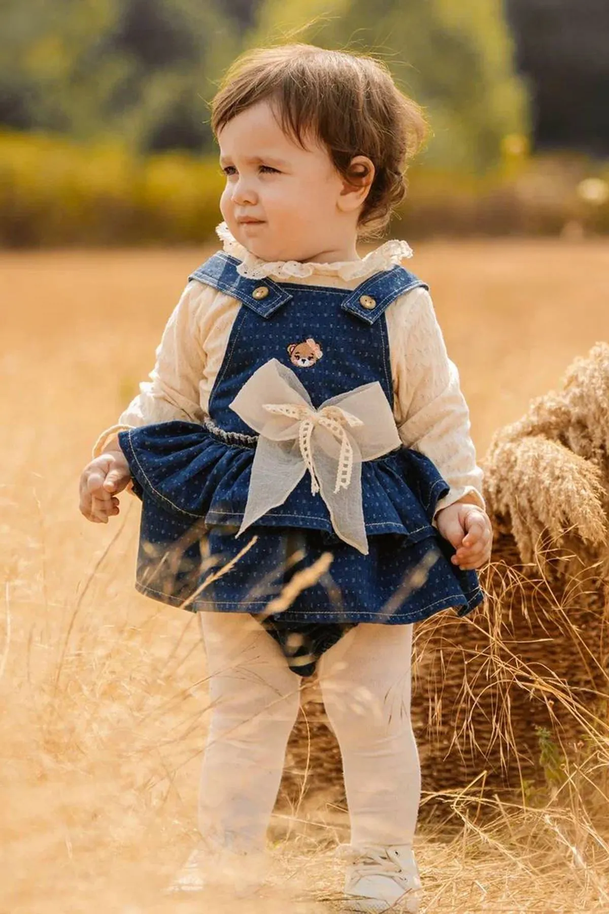 Minigimin Cicileri Bear Nakışlı Tül Fiyonk Detaylı Kız Bebek 2 li Salopet Takım - Koyu Mavi