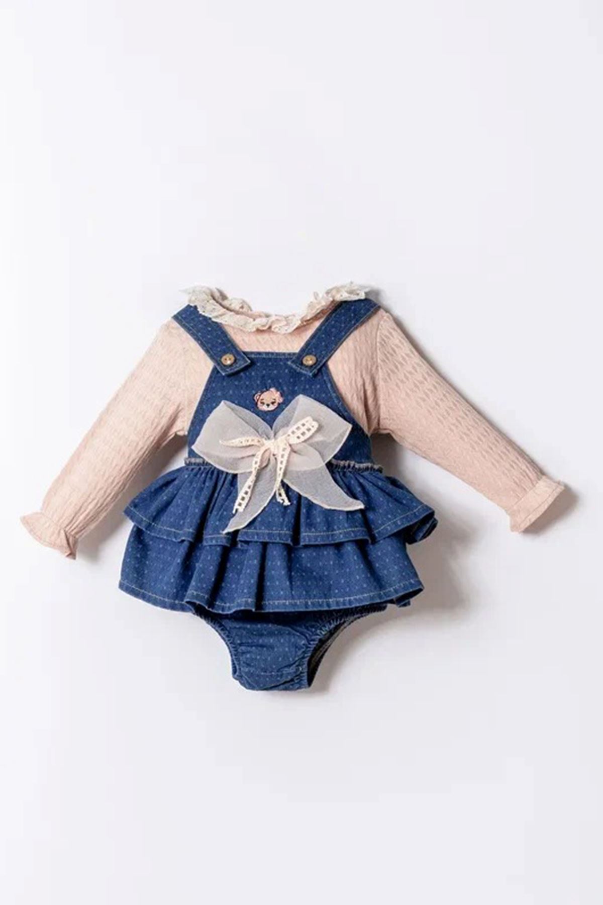 Minigimin Cicileri Bear Nakışlı Tül Fiyonk Detaylı Kız Bebek 2 li Salopet Takım - Koyu Mavi