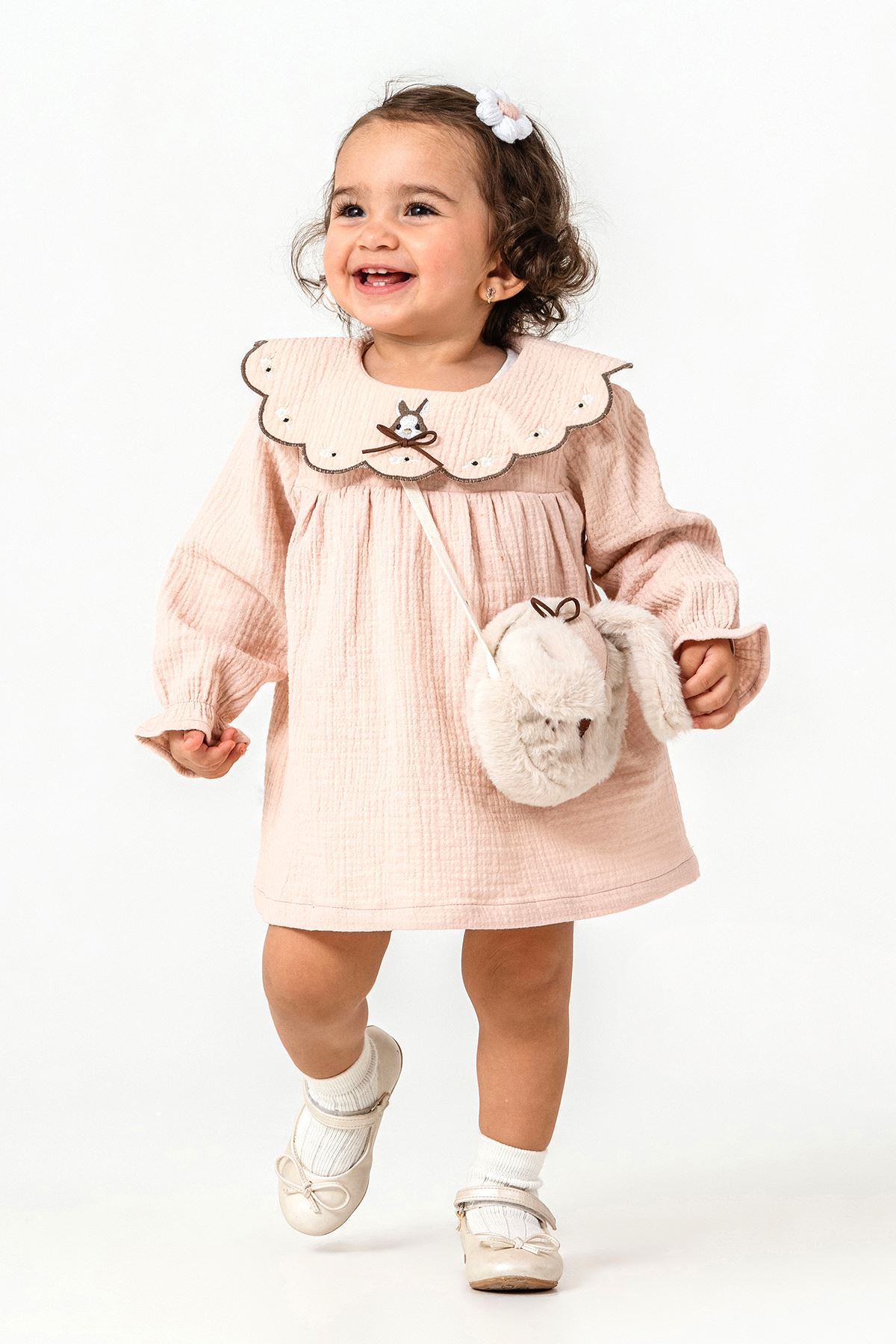 Minigimin Cicileri Yaka Tavşan Nakışlı Kız Çocuk Elbise Çantalı 2'li Takım - Somon