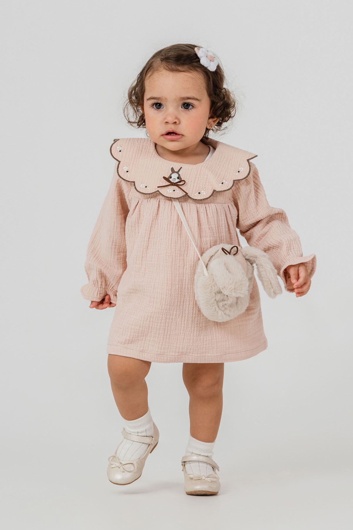 Minigimin Cicileri Yaka Tavşan Nakışlı Kız Çocuk Elbise Çantalı 2'li Takım - Somon