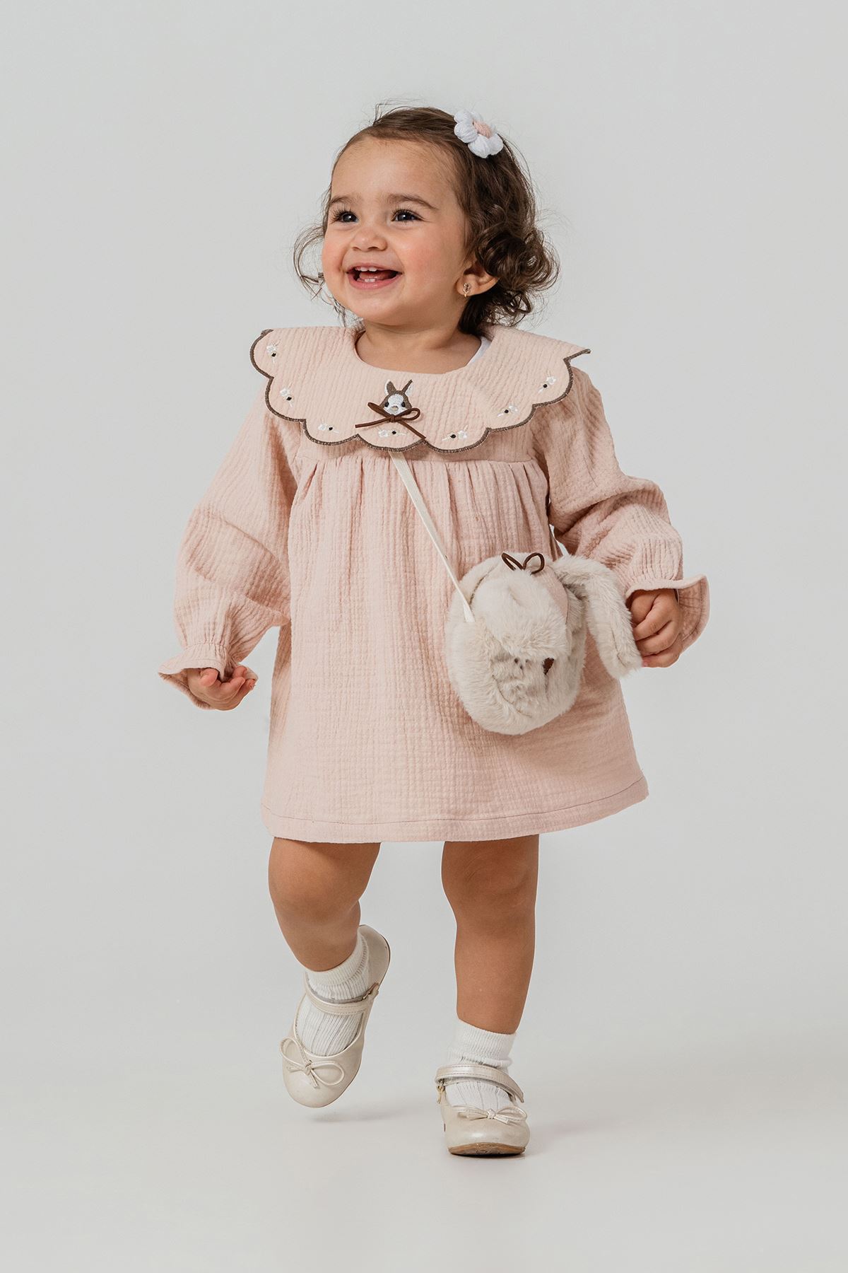 Minigimin Cicileri Yaka Tavşan Nakışlı Kız Çocuk Elbise Çantalı 2'li Takım - Somon