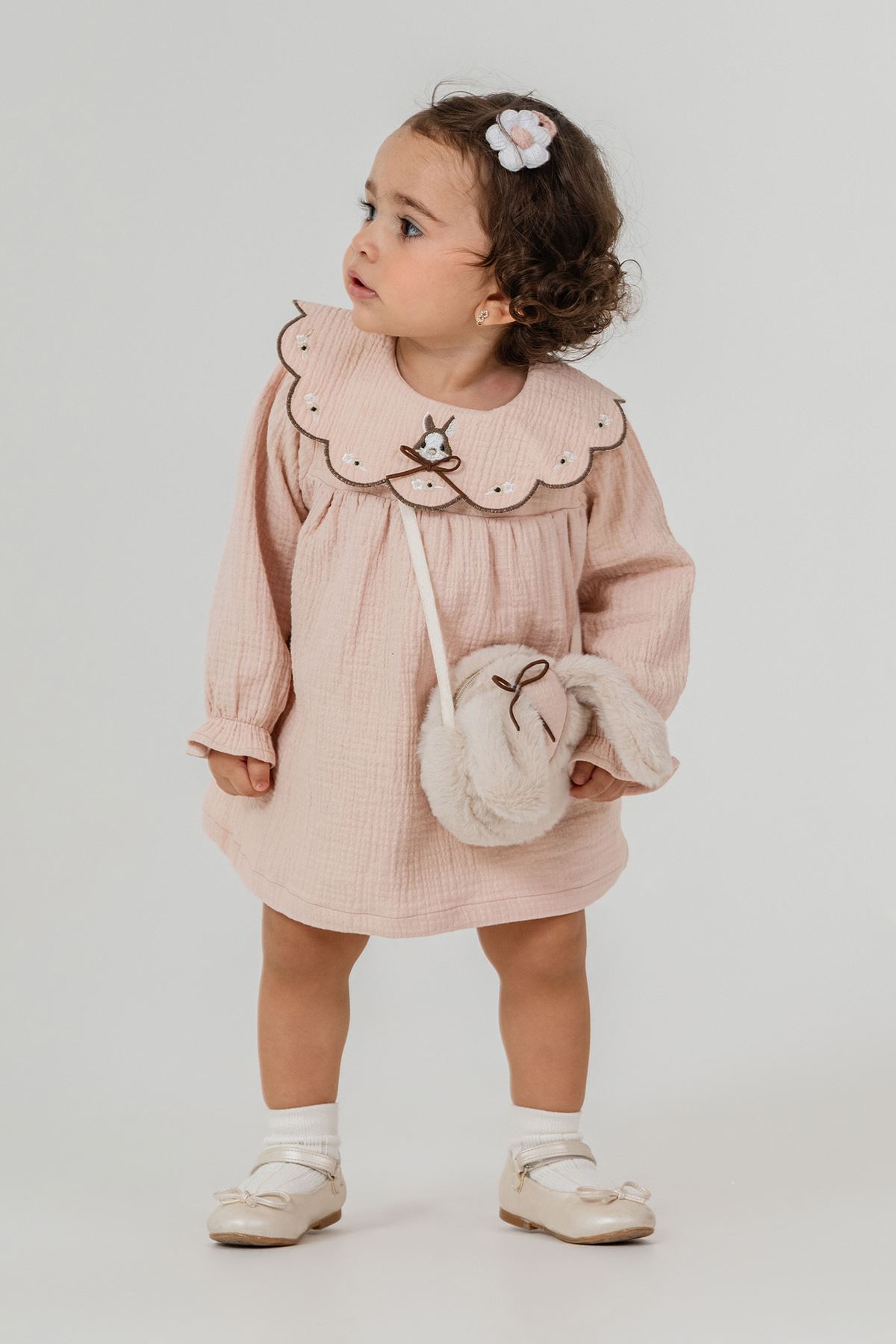 Minigimin Cicileri Yaka Tavşan Nakışlı Kız Çocuk Elbise Çantalı 2'li Takım - Somon