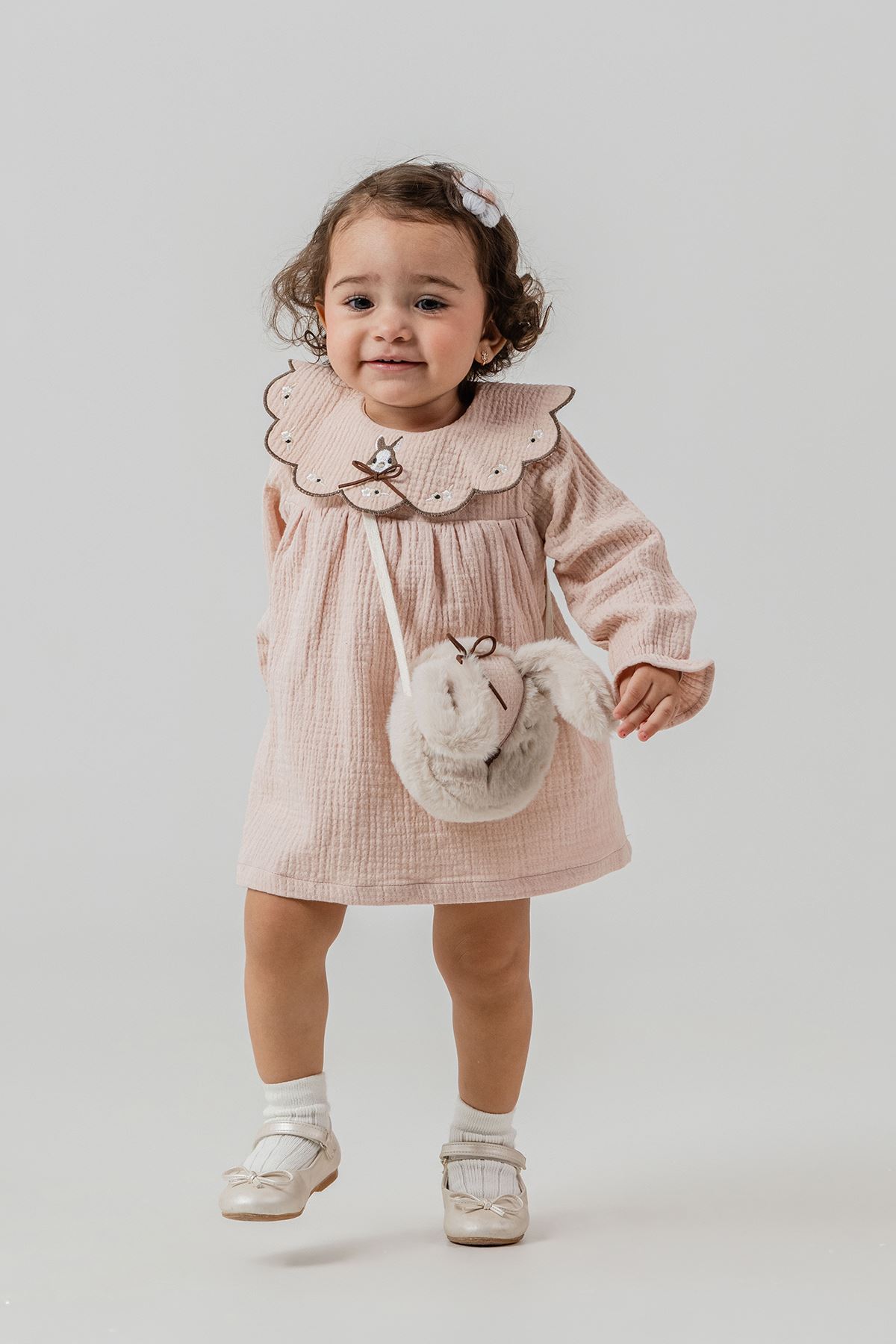 Minigimin Cicileri Yaka Tavşan Nakışlı Kız Çocuk Elbise Çantalı 2'li Takım - Somon