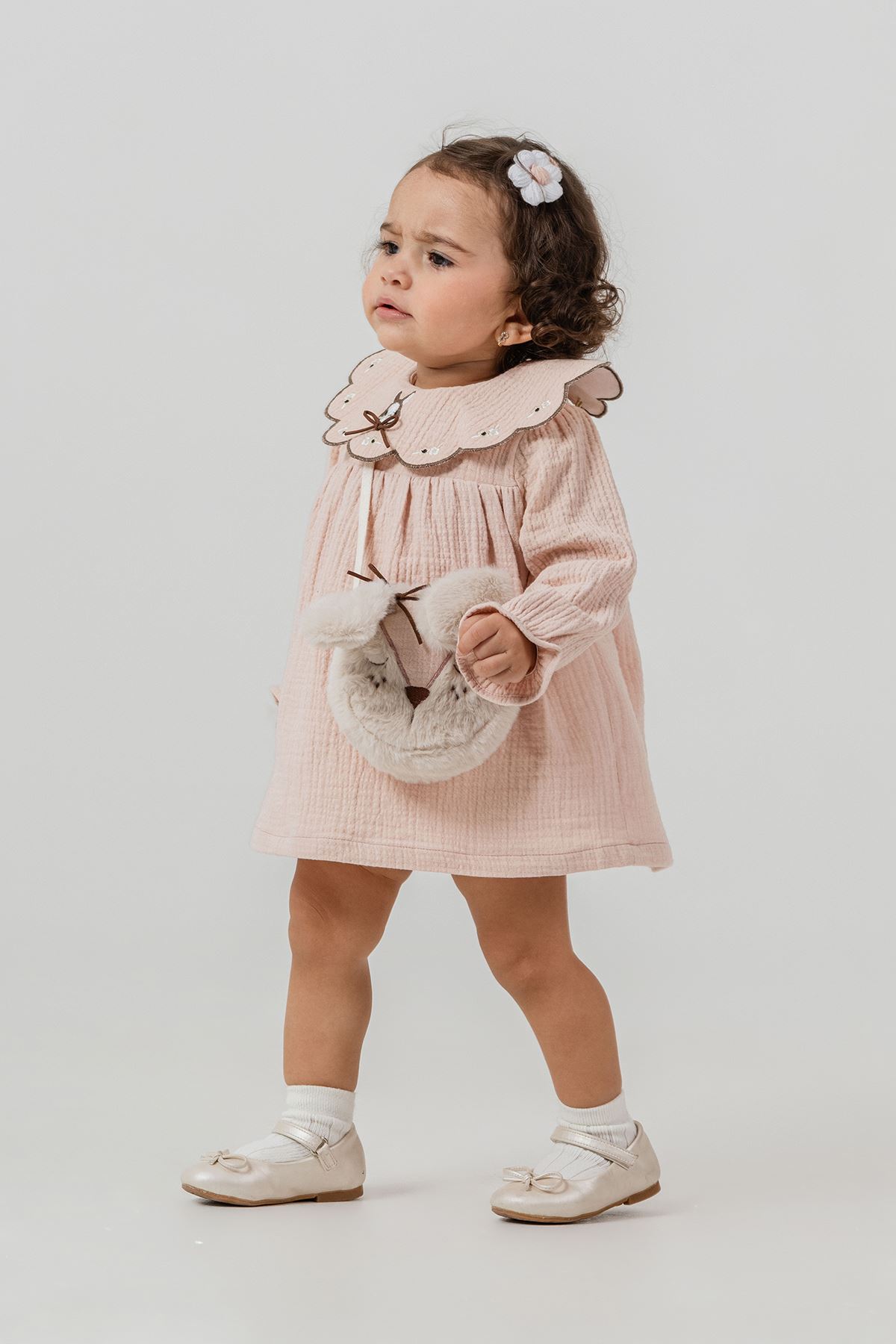 Minigimin Cicileri Yaka Tavşan Nakışlı Kız Çocuk Elbise Çantalı 2'li Takım - Somon