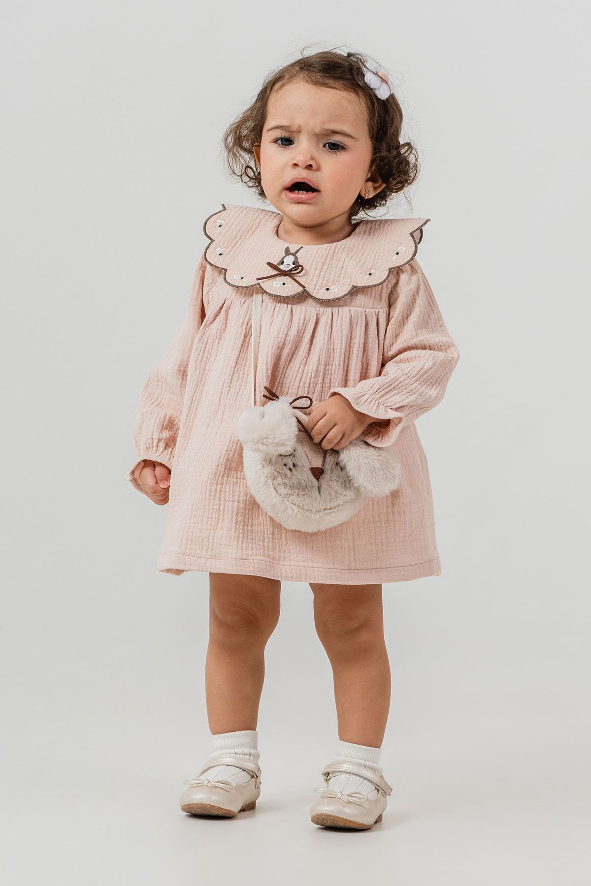 Minigimin Cicileri Yaka Tavşan Nakışlı Kız Çocuk Elbise Çantalı 2'li Takım - Somon