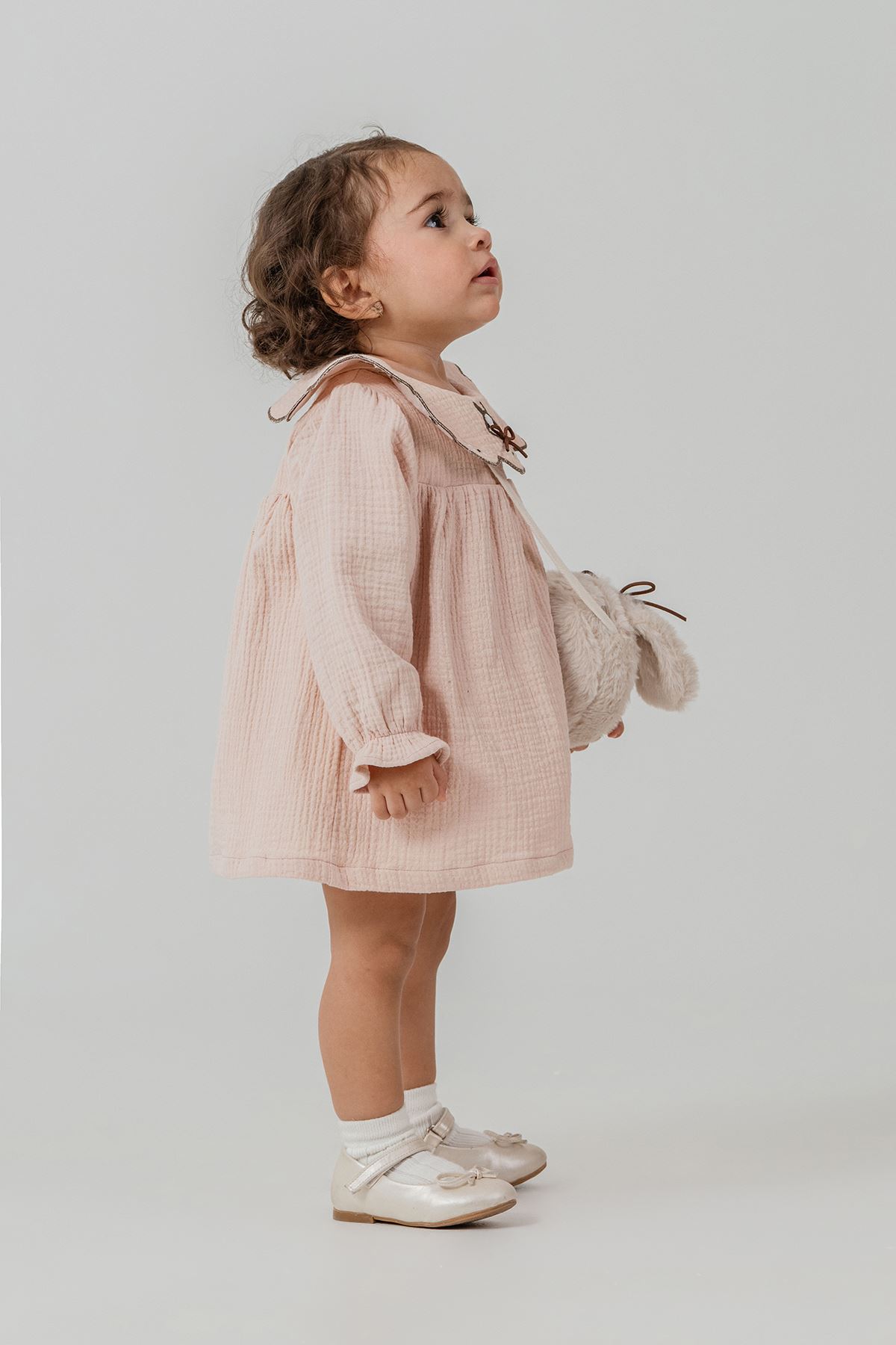 Minigimin Cicileri Yaka Tavşan Nakışlı Kız Çocuk Elbise Çantalı 2'li Takım - Somon