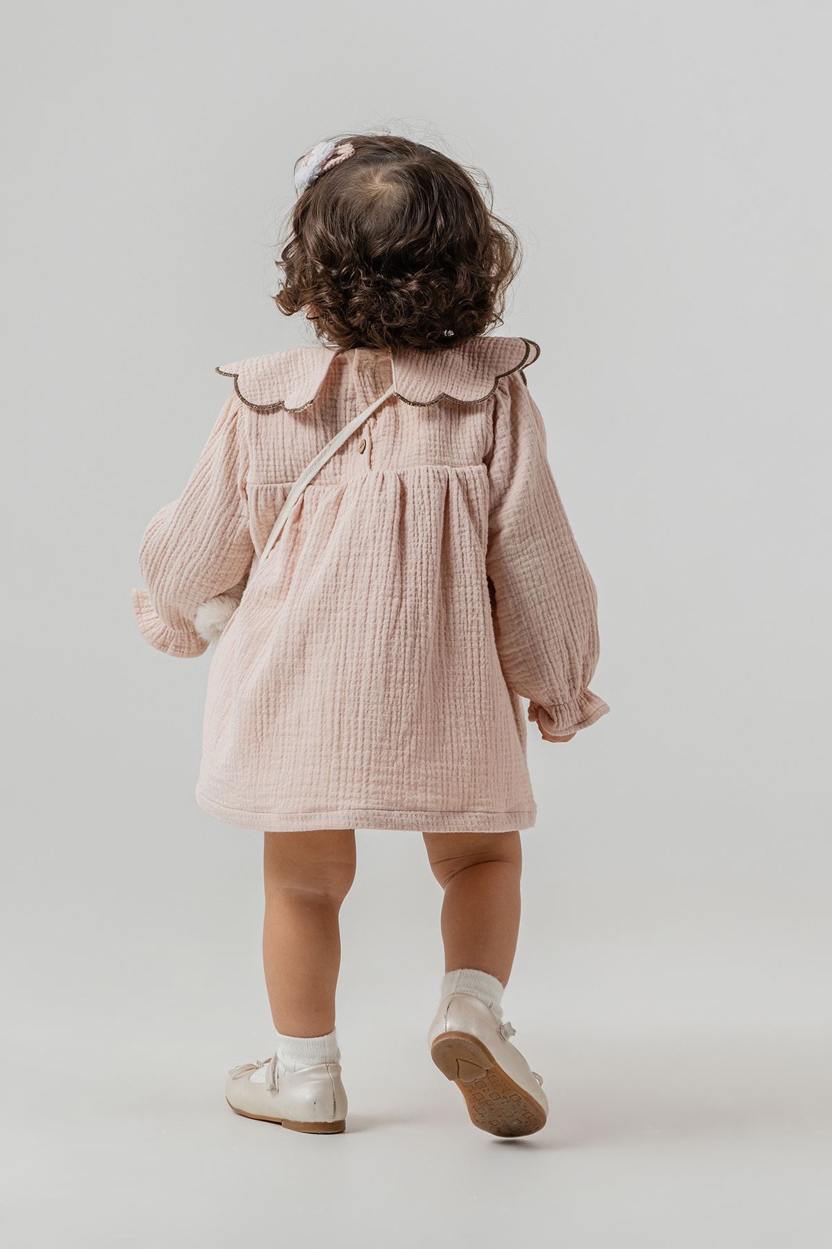 Minigimin Cicileri Yaka Tavşan Nakışlı Kız Çocuk Elbise Çantalı 2'li Takım - Somon