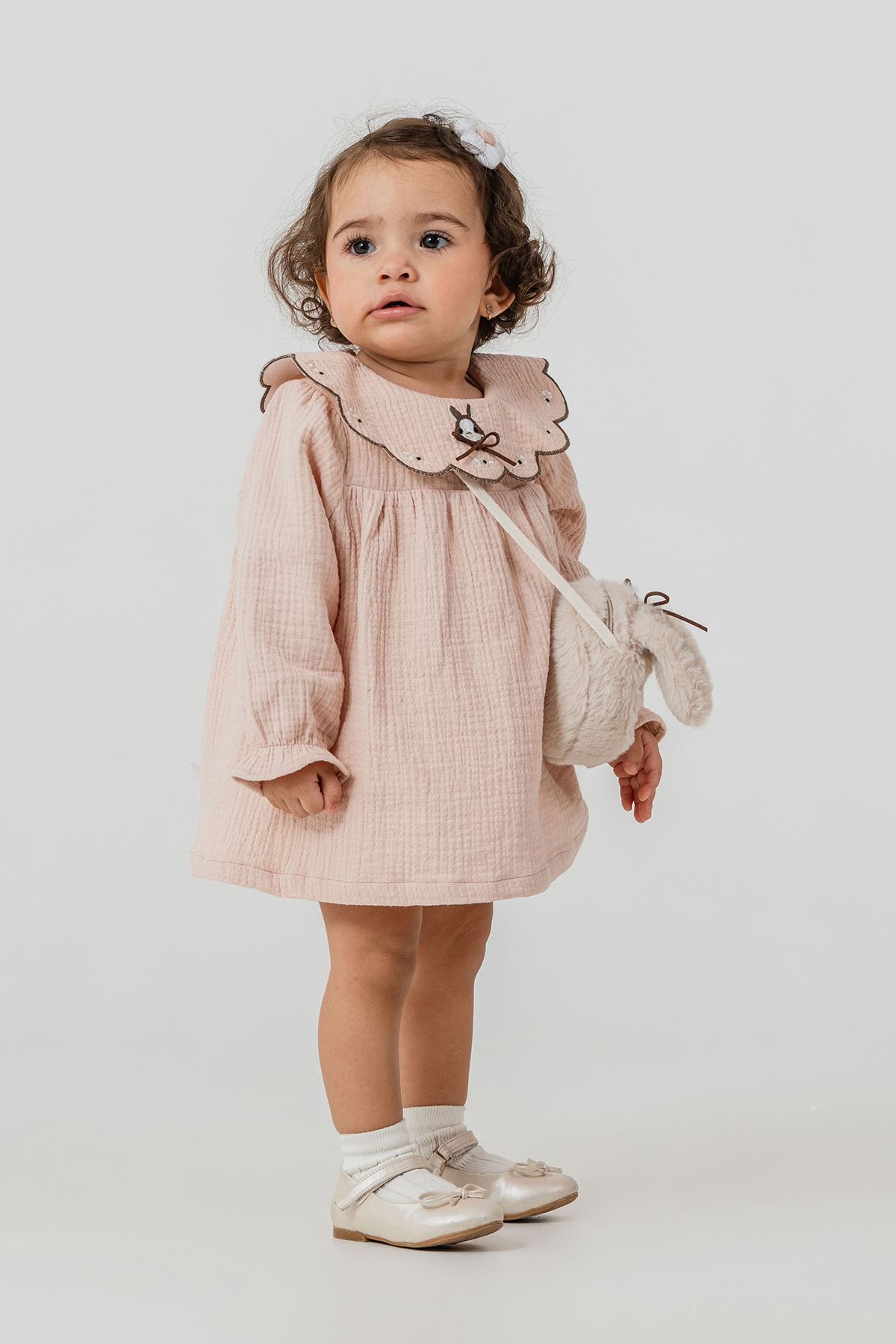 Minigimin Cicileri Yaka Tavşan Nakışlı Kız Çocuk Elbise Çantalı 2'li Takım - Somon