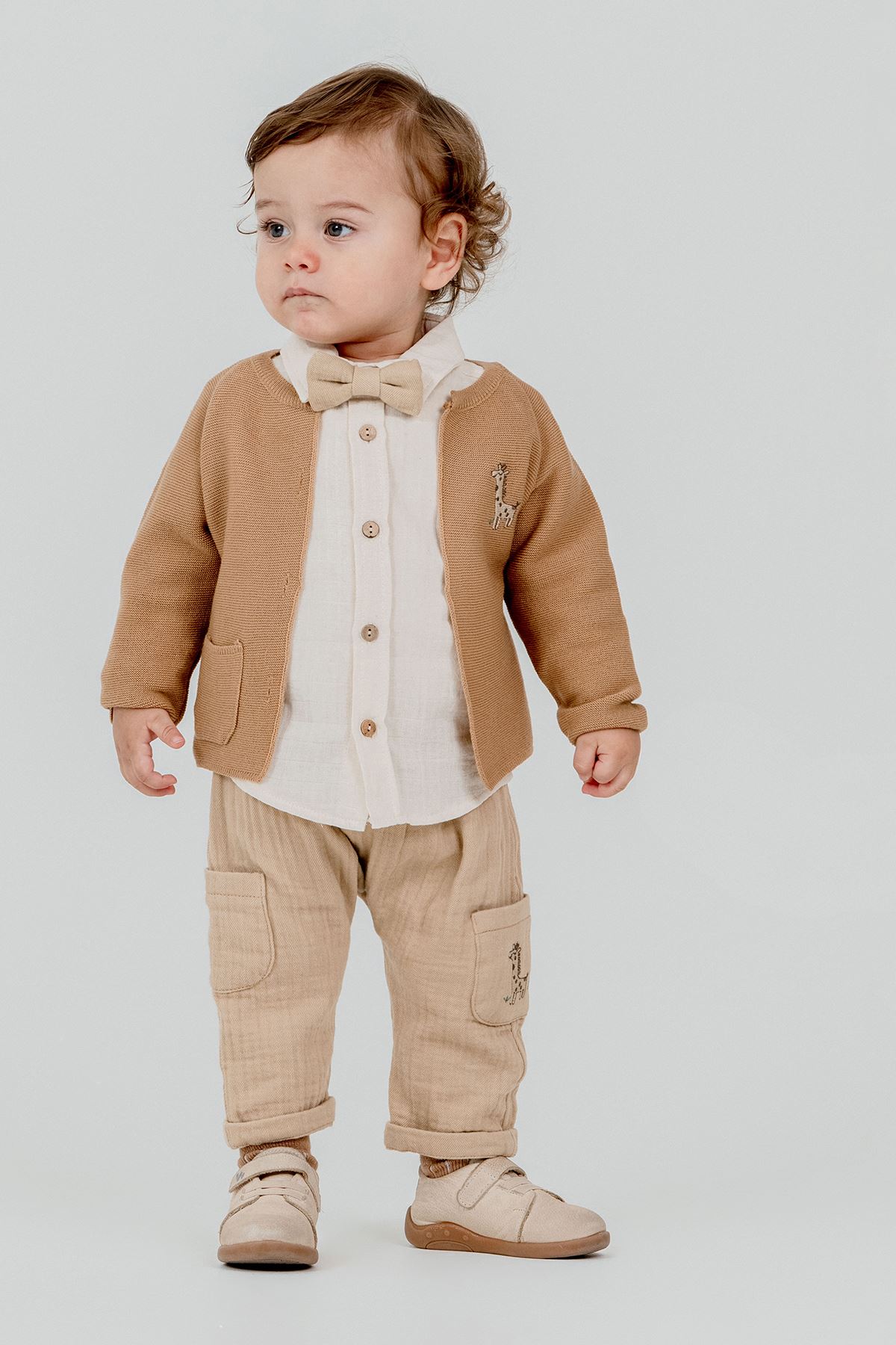 Minigimin Cicileri Zurefa Nakışlı Triko Hırka 4'LÜ Erkek Bebek Takım - Kahverengi