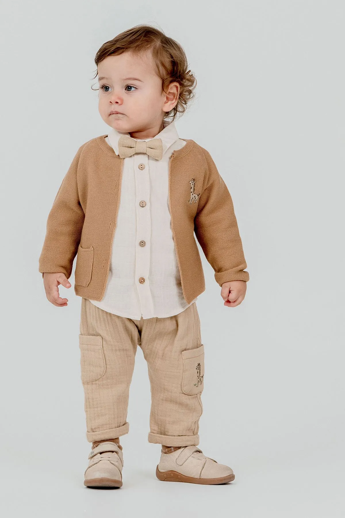 Minigimin Cicileri Zurefa Nakışlı Triko Hırka 4'LÜ Erkek Bebek Takım - Kahverengi