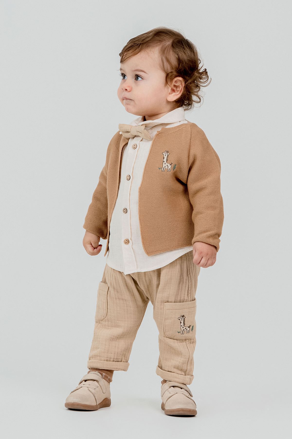 Minigimin Cicileri Zurefa Nakışlı Triko Hırka 4'LÜ Erkek Bebek Takım - Kahverengi