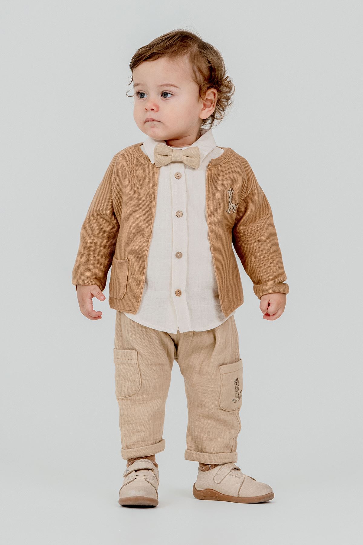 Minigimin Cicileri Zurefa Nakışlı Triko Hırka 4'LÜ Erkek Bebek Takım - Kahverengi