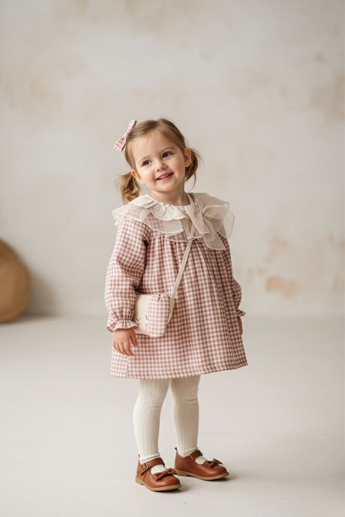 Minigimin Cicileri Prenses Yaka Tül Güpürlü Pötükare Elbise Çantalı 2'Li Kız Bebek Takım - Gül Kurusu