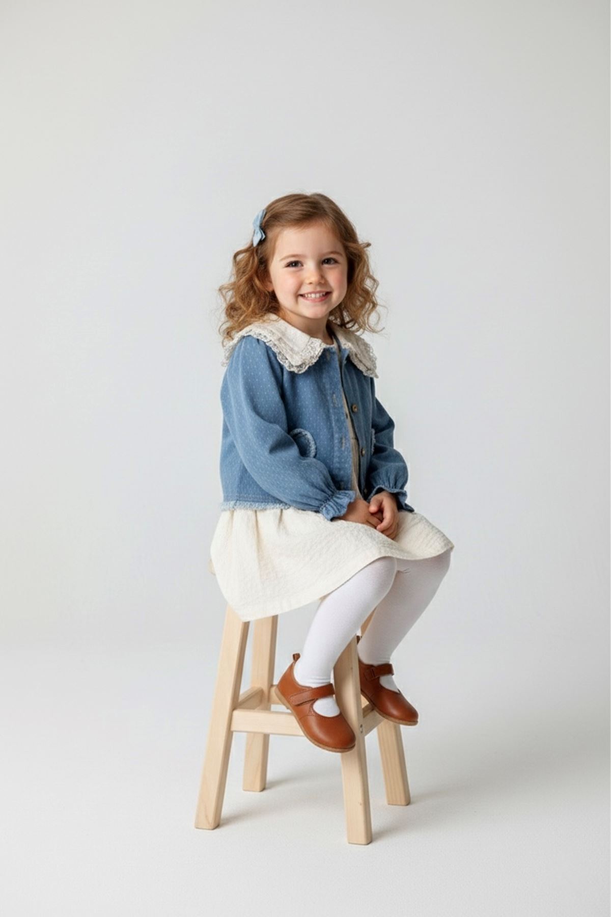 Minigimin Cicileri Kalp İşleme Denim Ceket Bebe Yaka Müslim Elbise 2'Lİ Kız Çocuk Takım - Açık Mavi