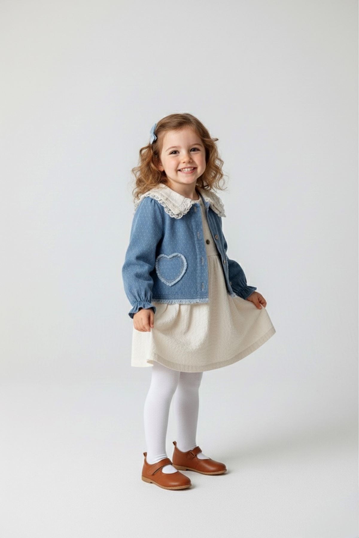 Minigimin Cicileri Kalp İşleme Denim Ceket Bebe Yaka Müslim Elbise 2'Lİ Kız Çocuk Takım - Açık Mavi