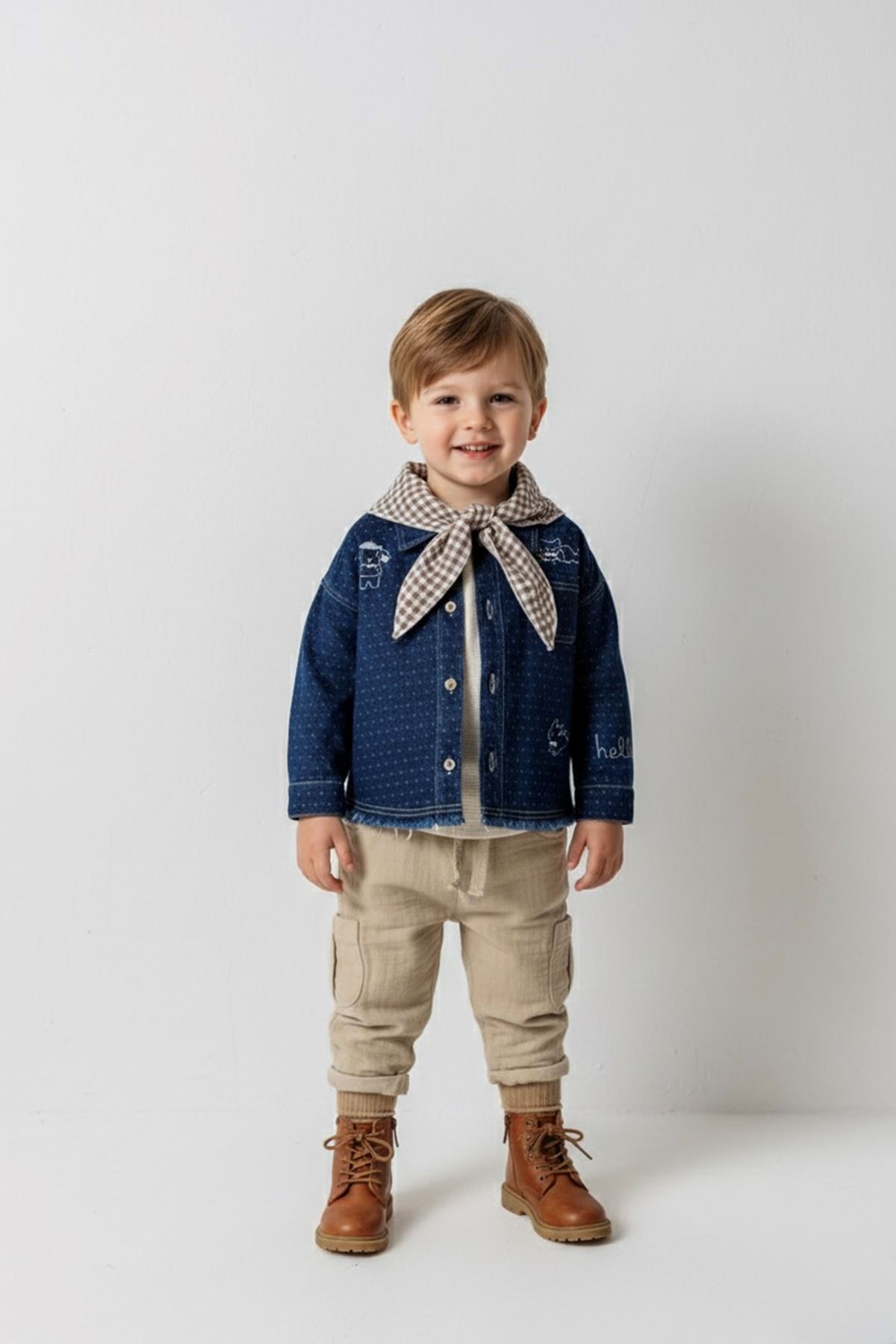 Minigimin Cicileri Sevimli Figürlü Denim Gömlek 4'LÜ Erkek Çocuk Takım - Koyu Mavi