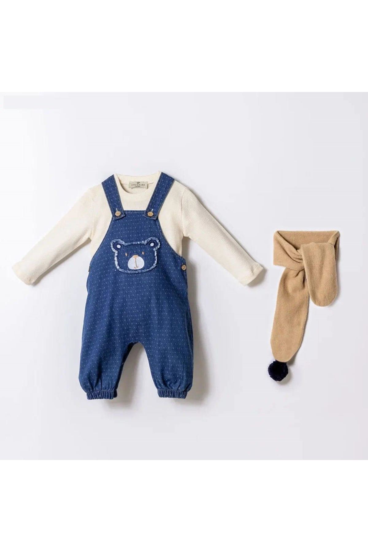 Minigimin Cicileri Ayıcık Nakışlı Denim Salopet 3'lü Erkek Bebek Takım - Mavi