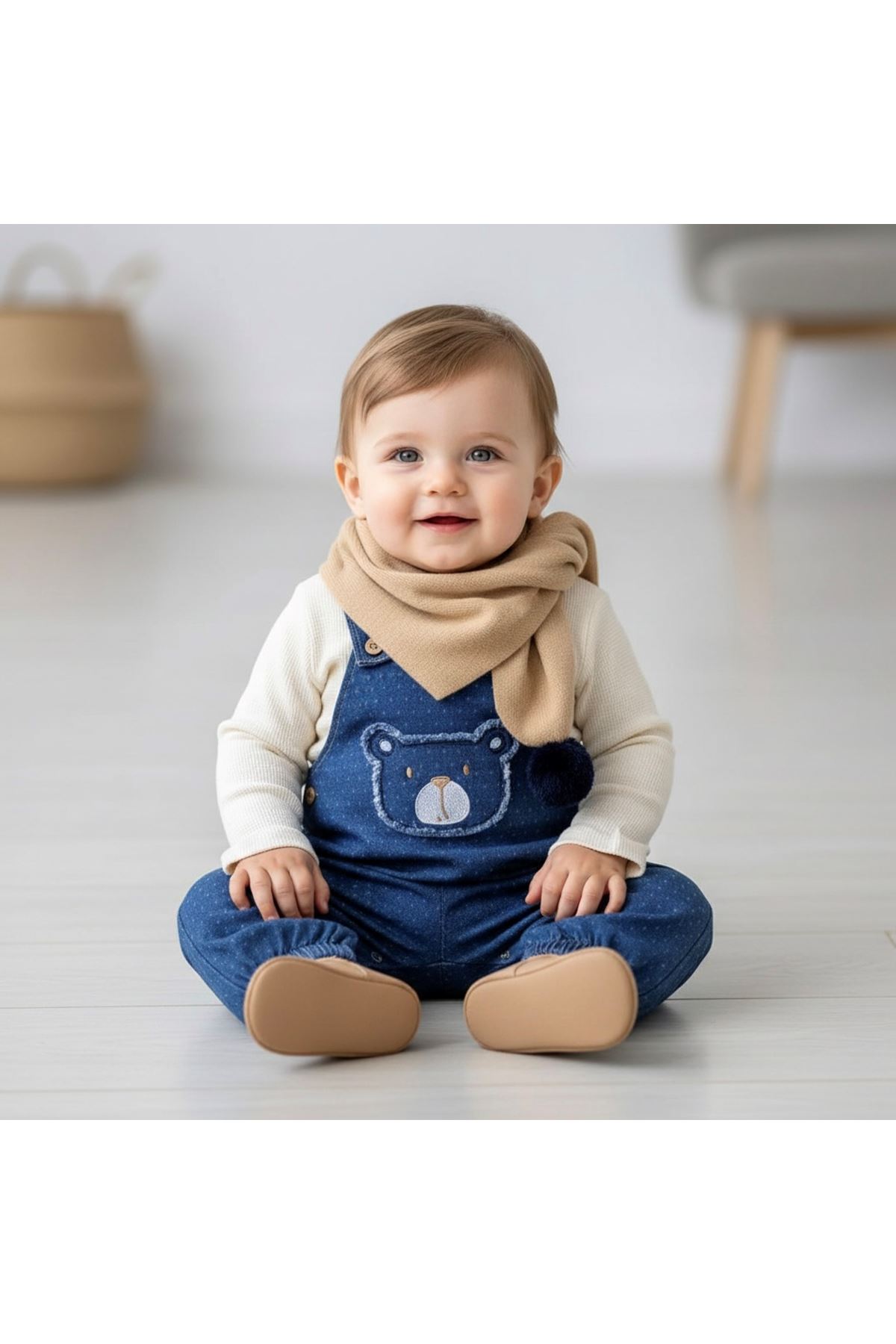 Minigimin Cicileri Ayıcık Nakışlı Denim Salopet 3'lü Erkek Bebek Takım - Mavi