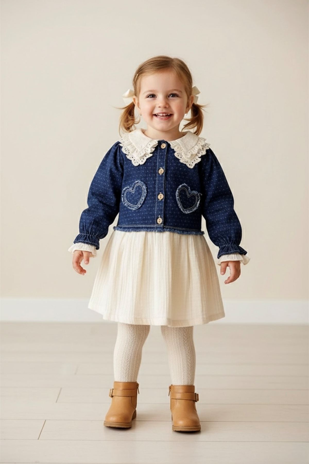 Minigimin Cicileri Kalp İşleme Denim Ceket Bebe Yaka Müslim Elbise 2'Lİ Kız Çocuk Takım - Koyu Mavi