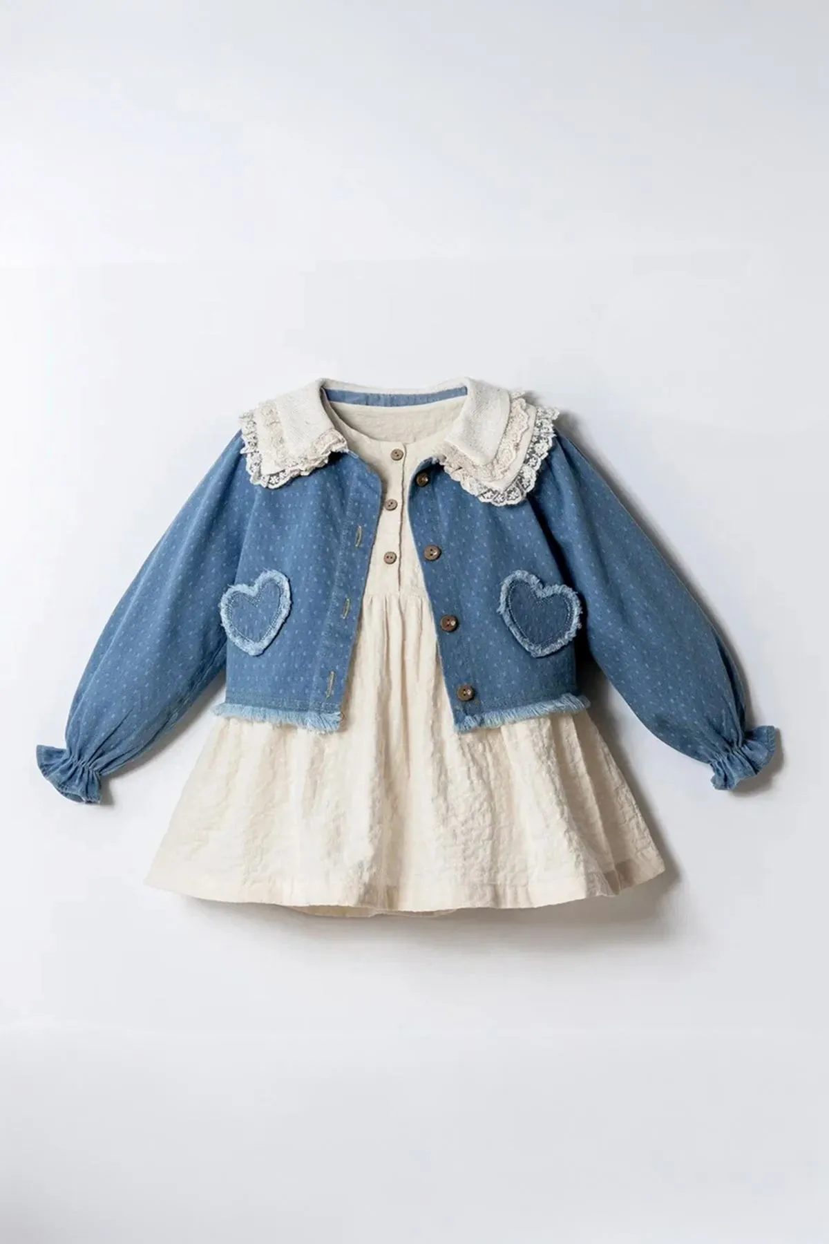 Minigimin Cicileri Kalp İşleme Denim Ceket Bebe Yaka Müslim Elbise 2'Lİ Kız Çocuk Takım - Açık Mavi