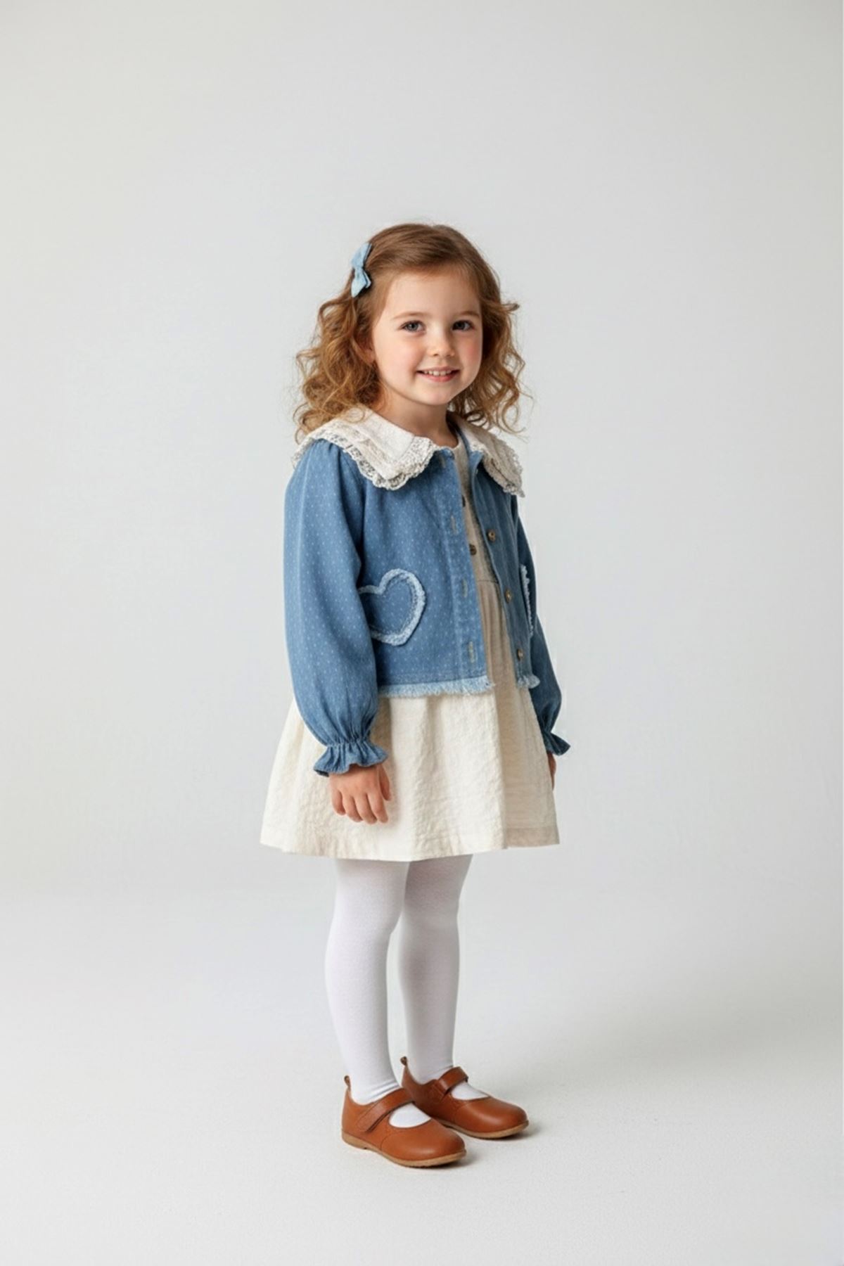 Minigimin Cicileri Kalp İşleme Denim Ceket Bebe Yaka Müslim Elbise 2'Lİ Kız Çocuk Takım - Açık Mavi