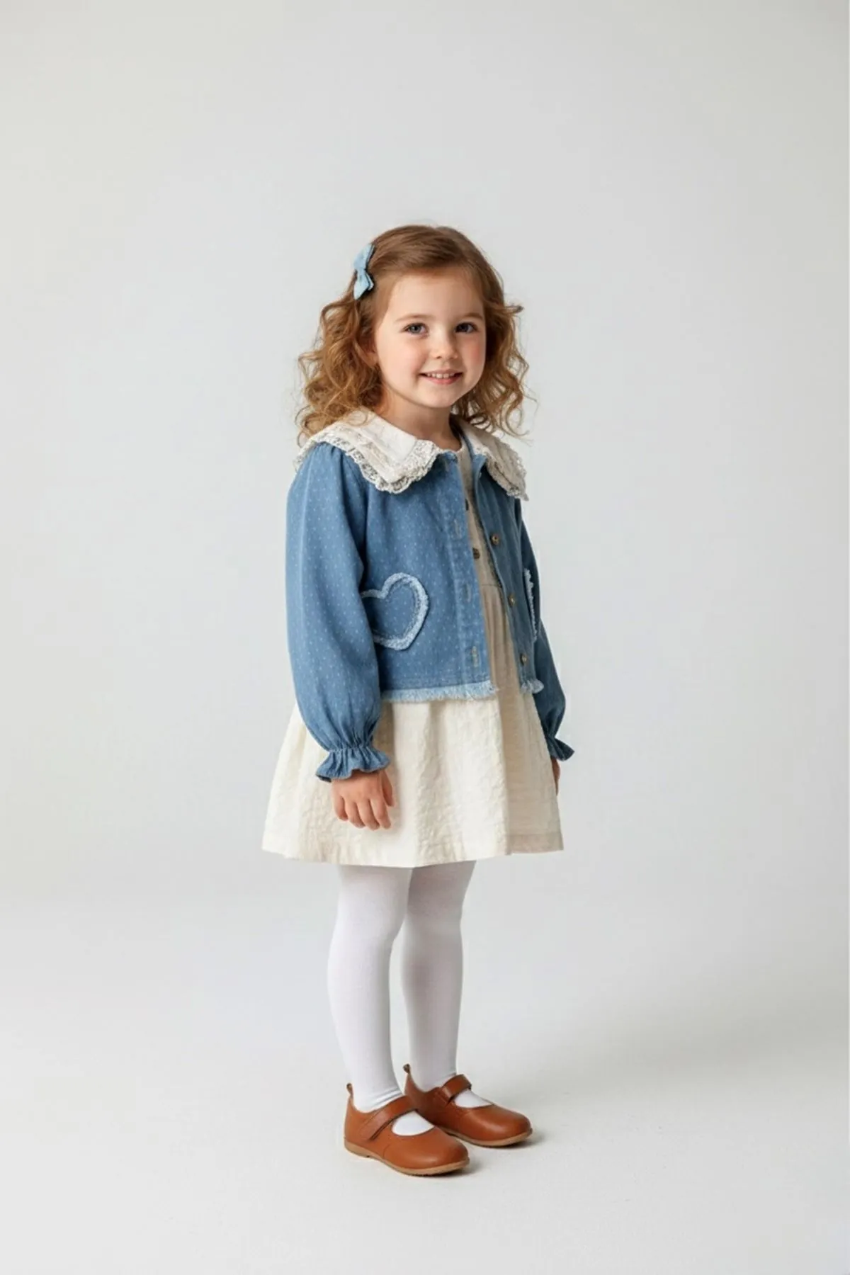 Minigimin Cicileri Kalp İşleme Denim Ceket Bebe Yaka Müslim Elbise 2'Lİ Kız Çocuk Takım - Açık Mavi