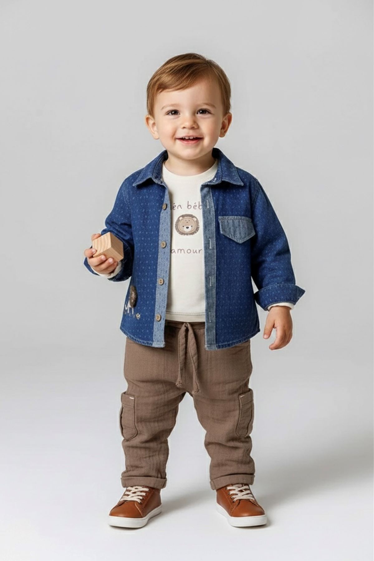 Minigimin Cicileri Lion Nakışlı Denim Ceket 3'Lü Erkek Bebek Takım - Mavi