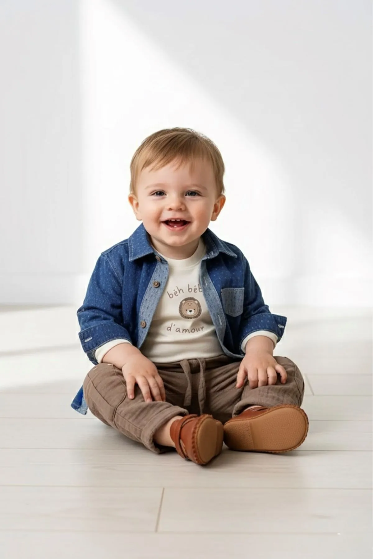 Minigimin Cicileri Lion Nakışlı Denim Ceket 3'Lü Erkek Bebek Takım - Mavi