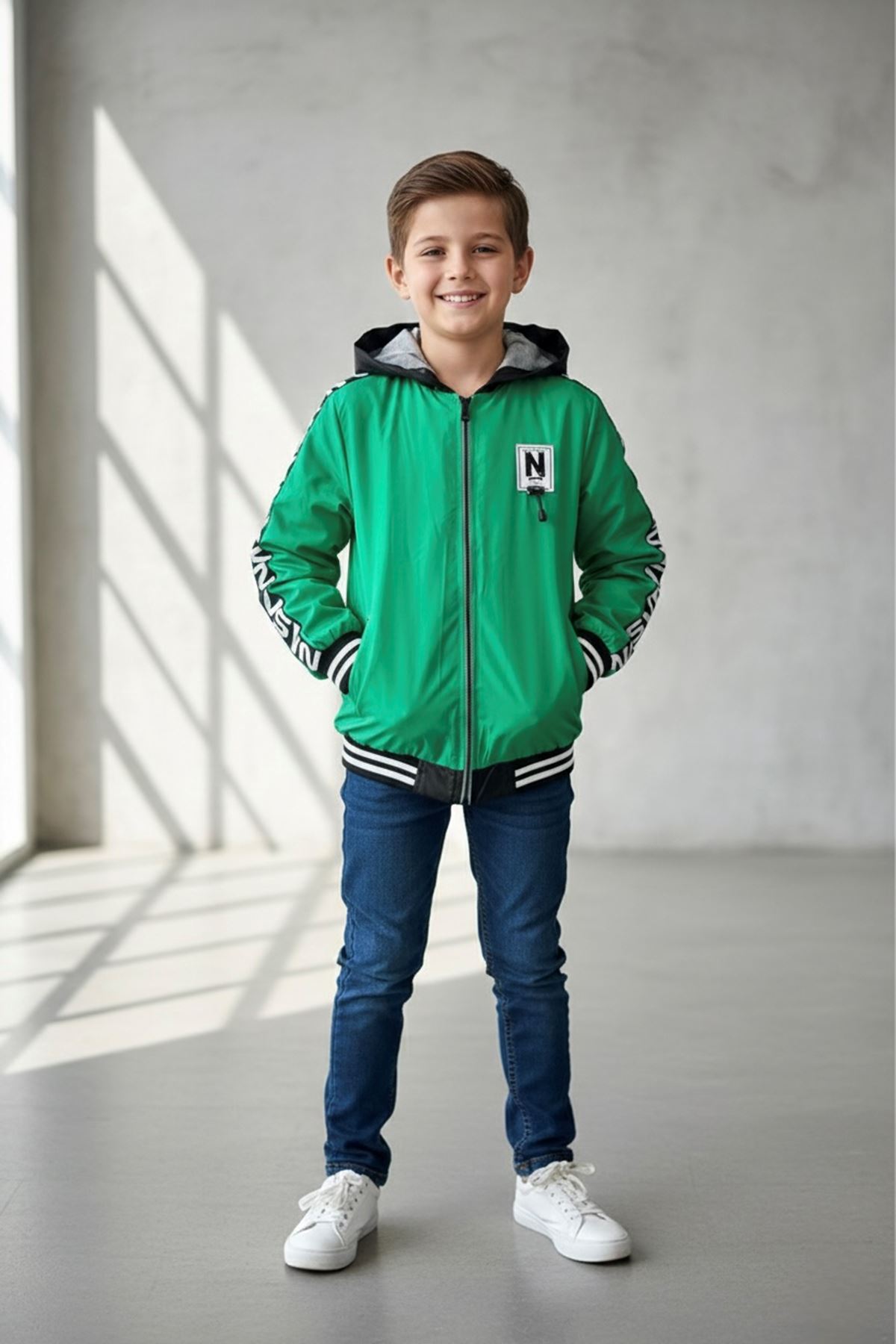 Miniğimin Cicileri Nasa Şerit Detaylı Erkek Çocuk İçi Pamuk Astar Yağmurluk - Yeşil