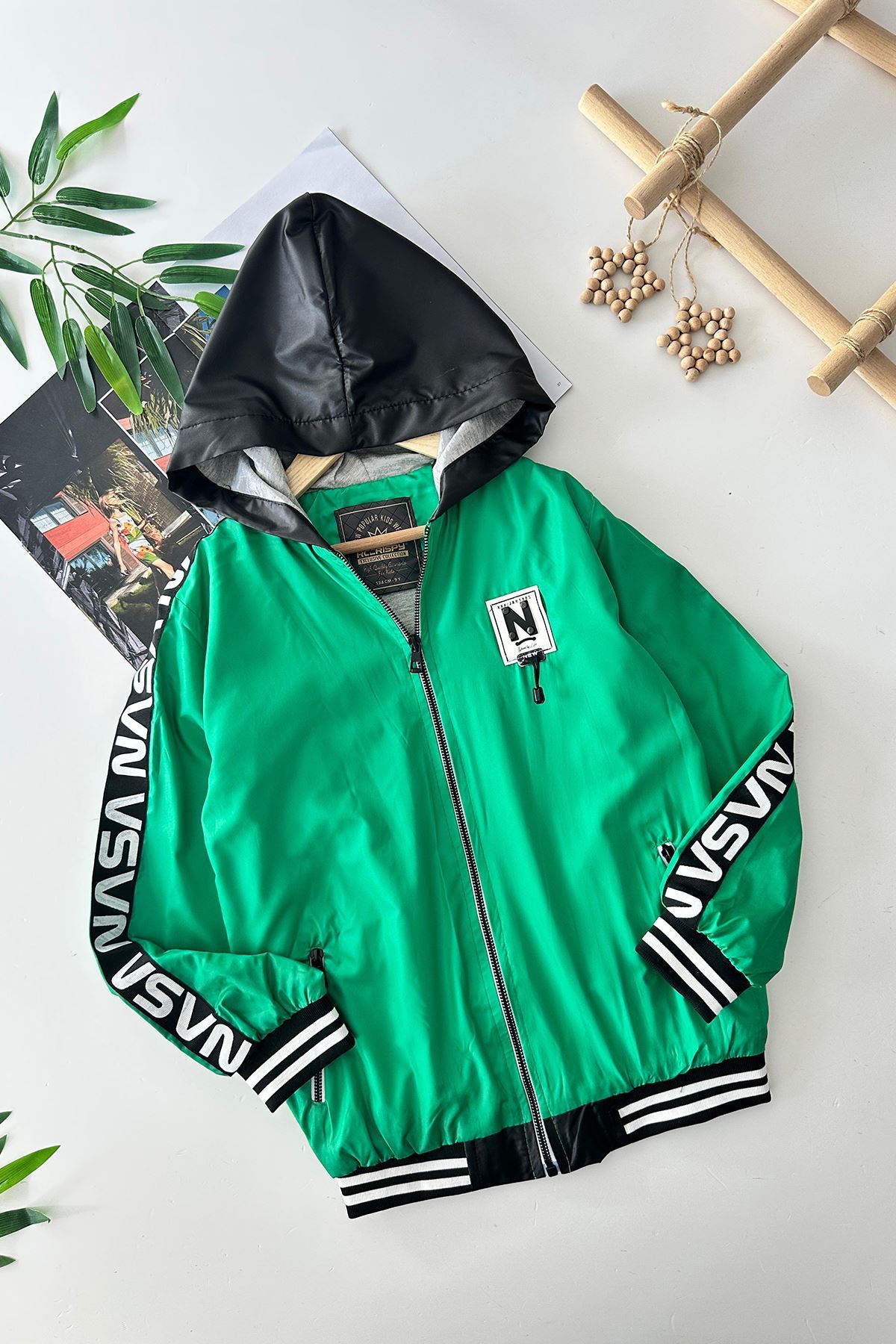 Miniğimin Cicileri Nasa Şerit Detaylı Erkek Çocuk İçi Pamuk Astar Yağmurluk - Yeşil