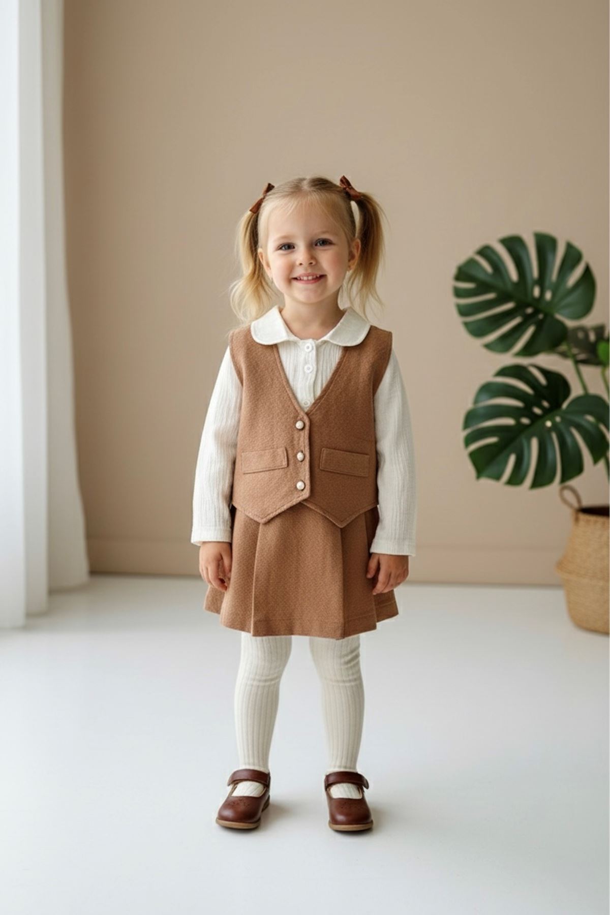 Miniğimin Cicileri Chanel Yelekli Kız Çocuk 3 lü Takım - Taba