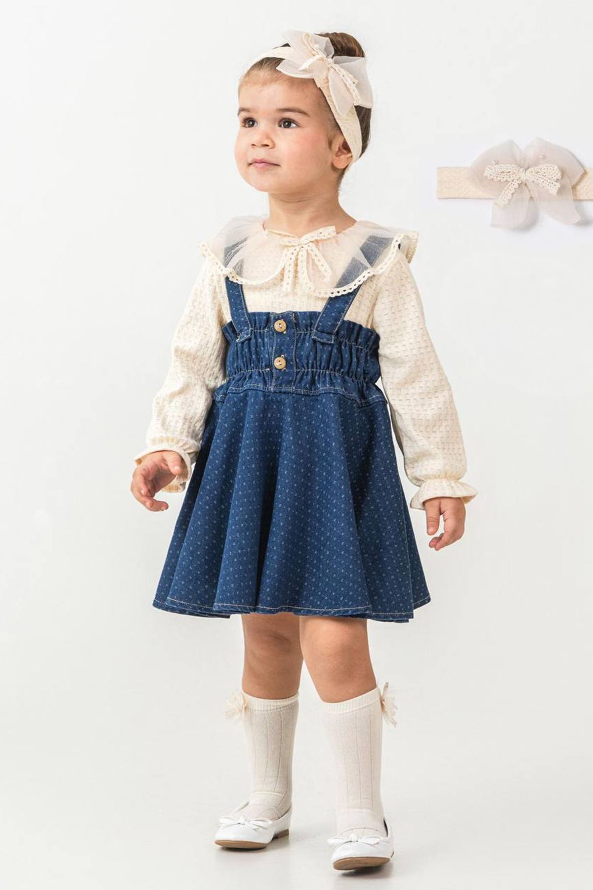 Minigimin Cicileri Yaka Tül Detaylı Prenses Denim Elbise 3'LÜ Kız Bebek Takım - Açık Mavi