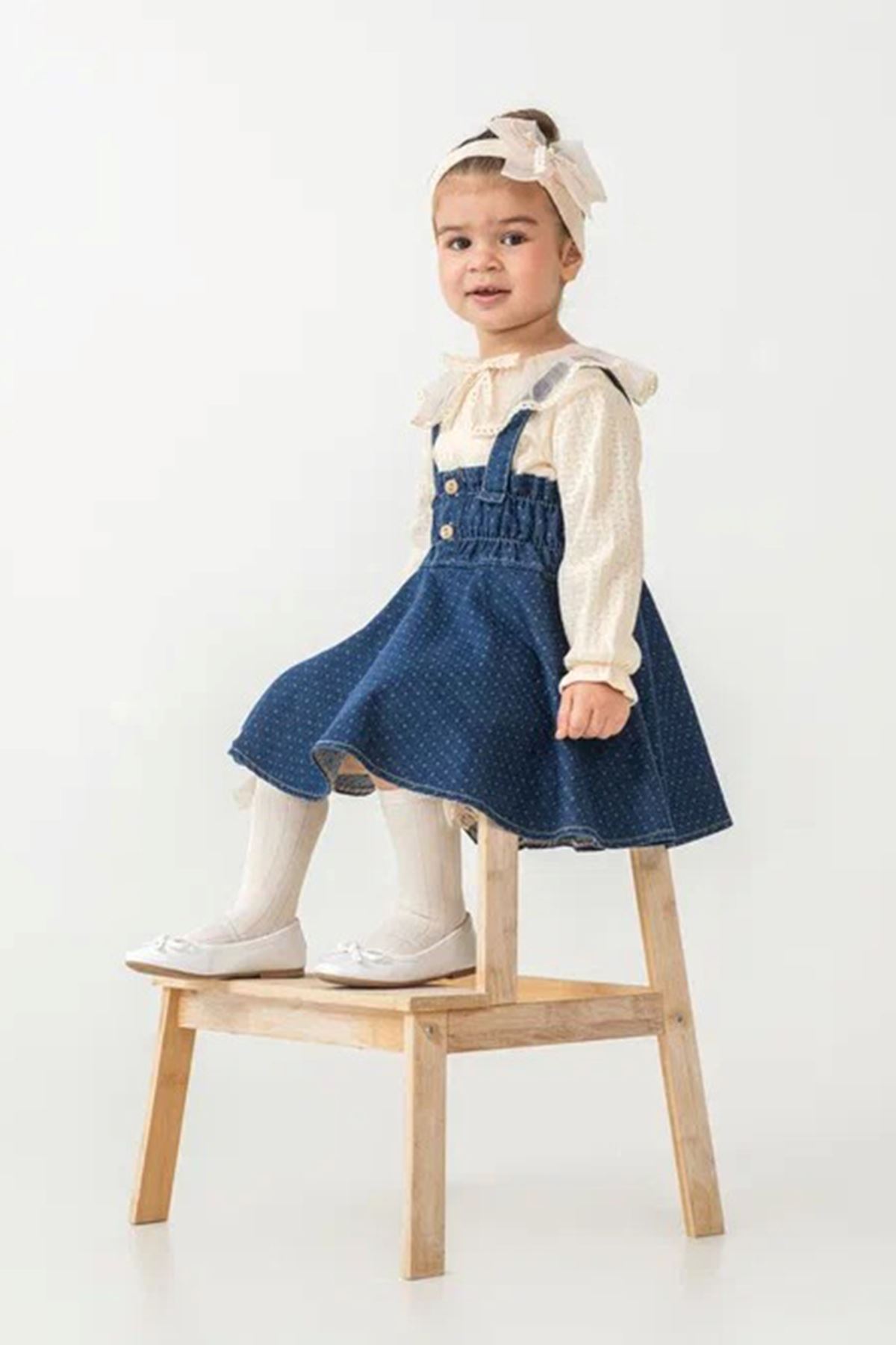 Minigimin Cicileri Yaka Tül Detaylı Prenses Denim Elbise 3'LÜ Kız Bebek Takım - Açık Mavi