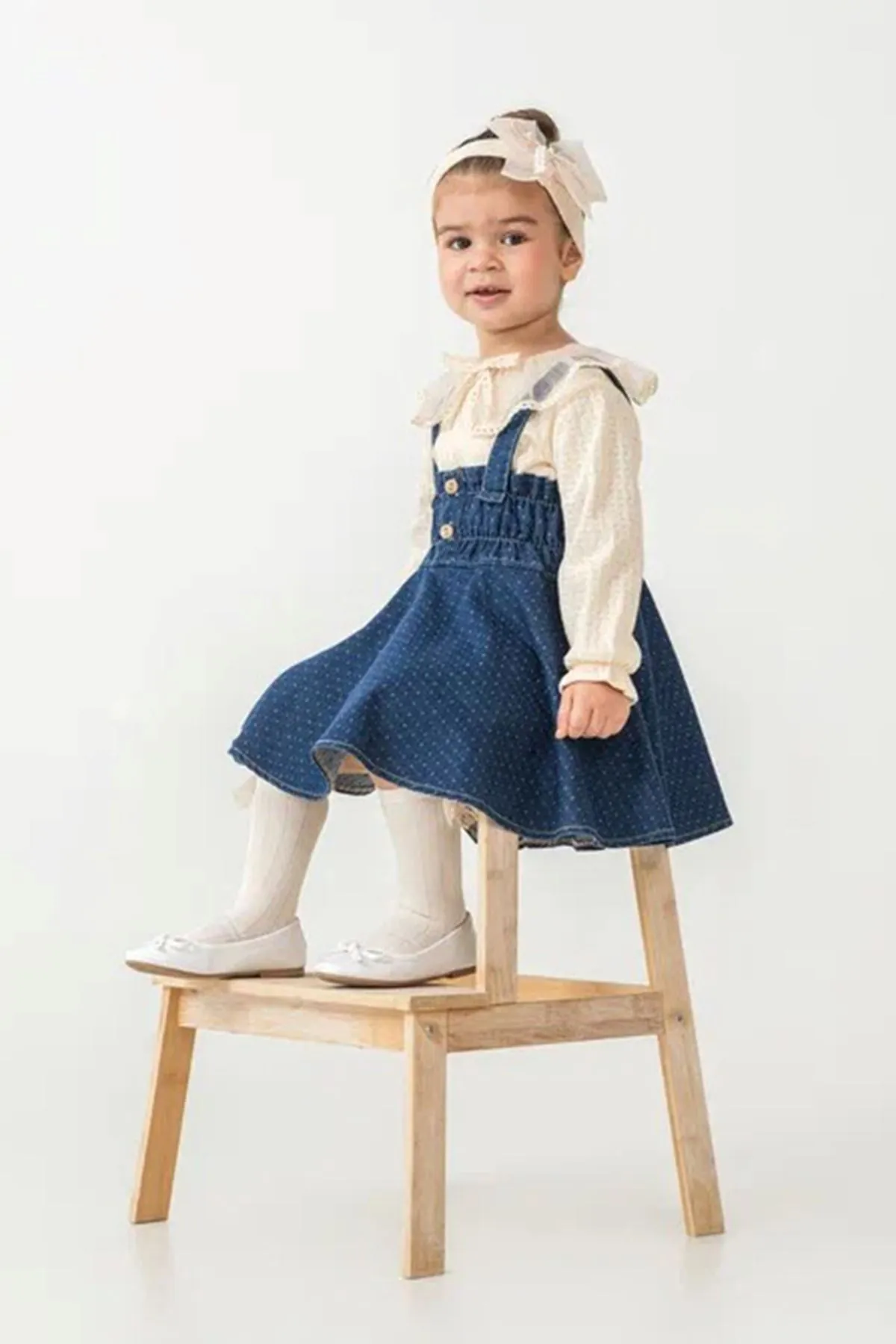 Minigimin Cicileri Yaka Tül Detaylı Prenses Denim Elbise 3'LÜ Kız Bebek Takım - Açık Mavi