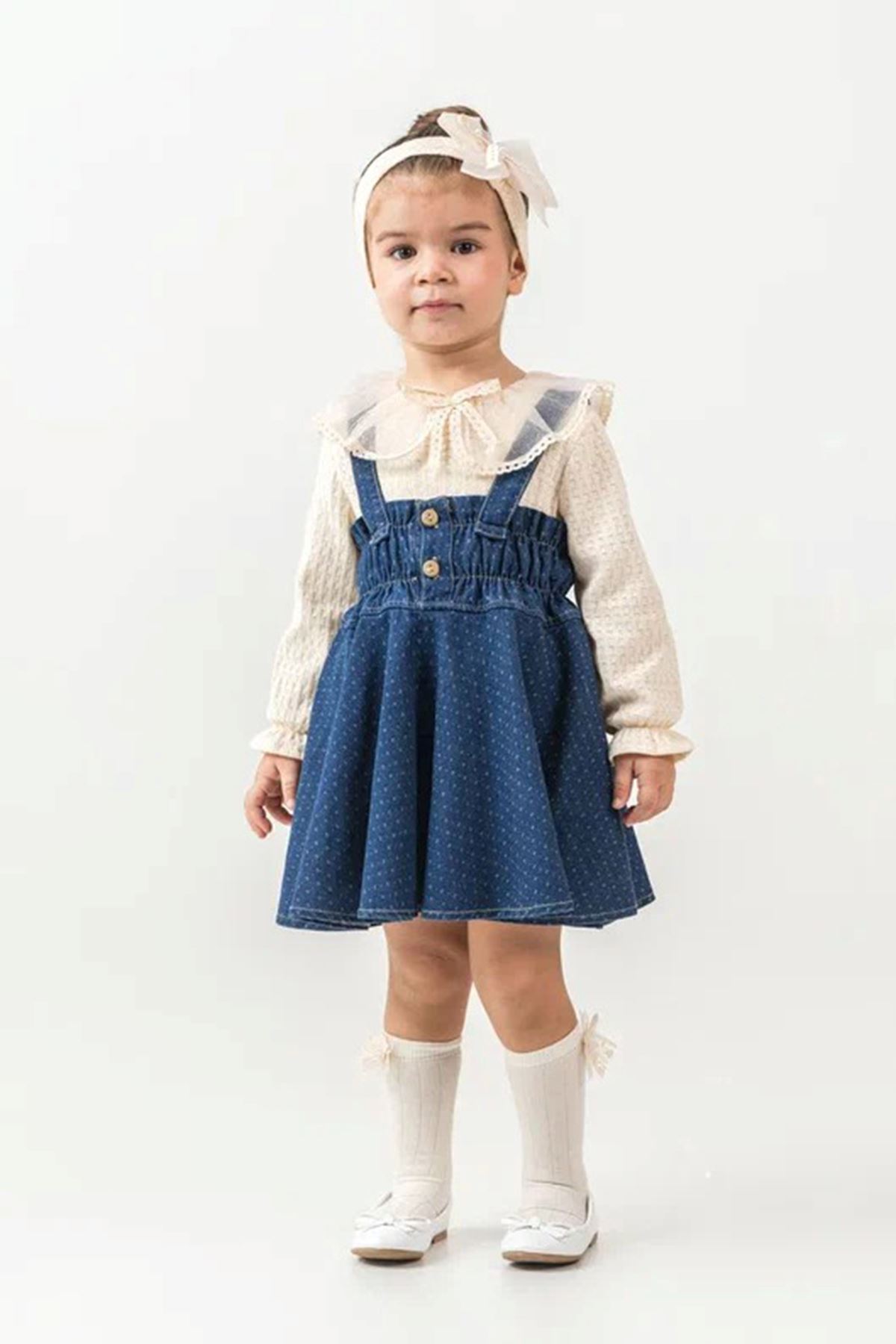 Minigimin Cicileri Yaka Tül Detaylı Prenses Denim Elbise 3'LÜ Kız Bebek Takım - Açık Mavi