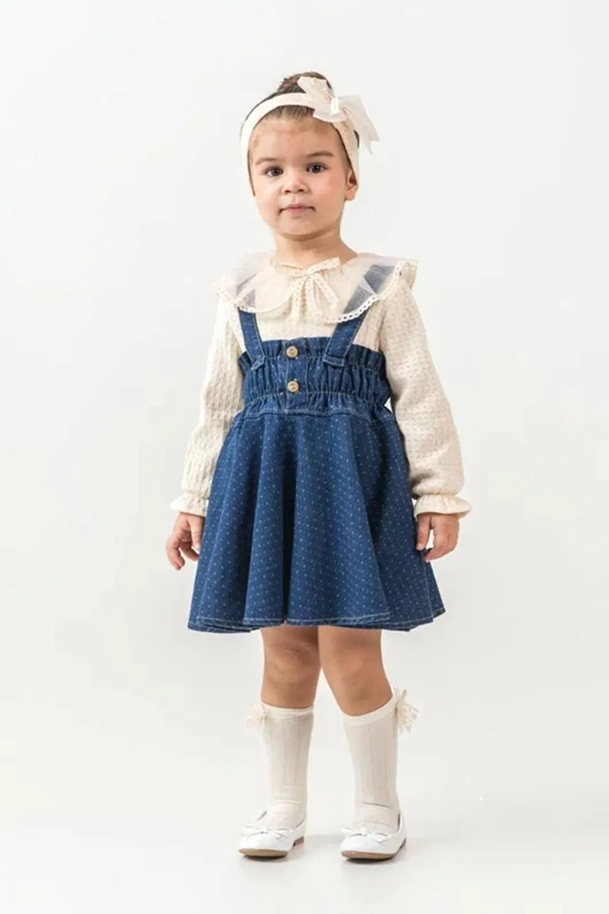 Minigimin Cicileri Yaka Tül Detaylı Prenses Denim Elbise 3'LÜ Kız Bebek Takım - Açık Mavi