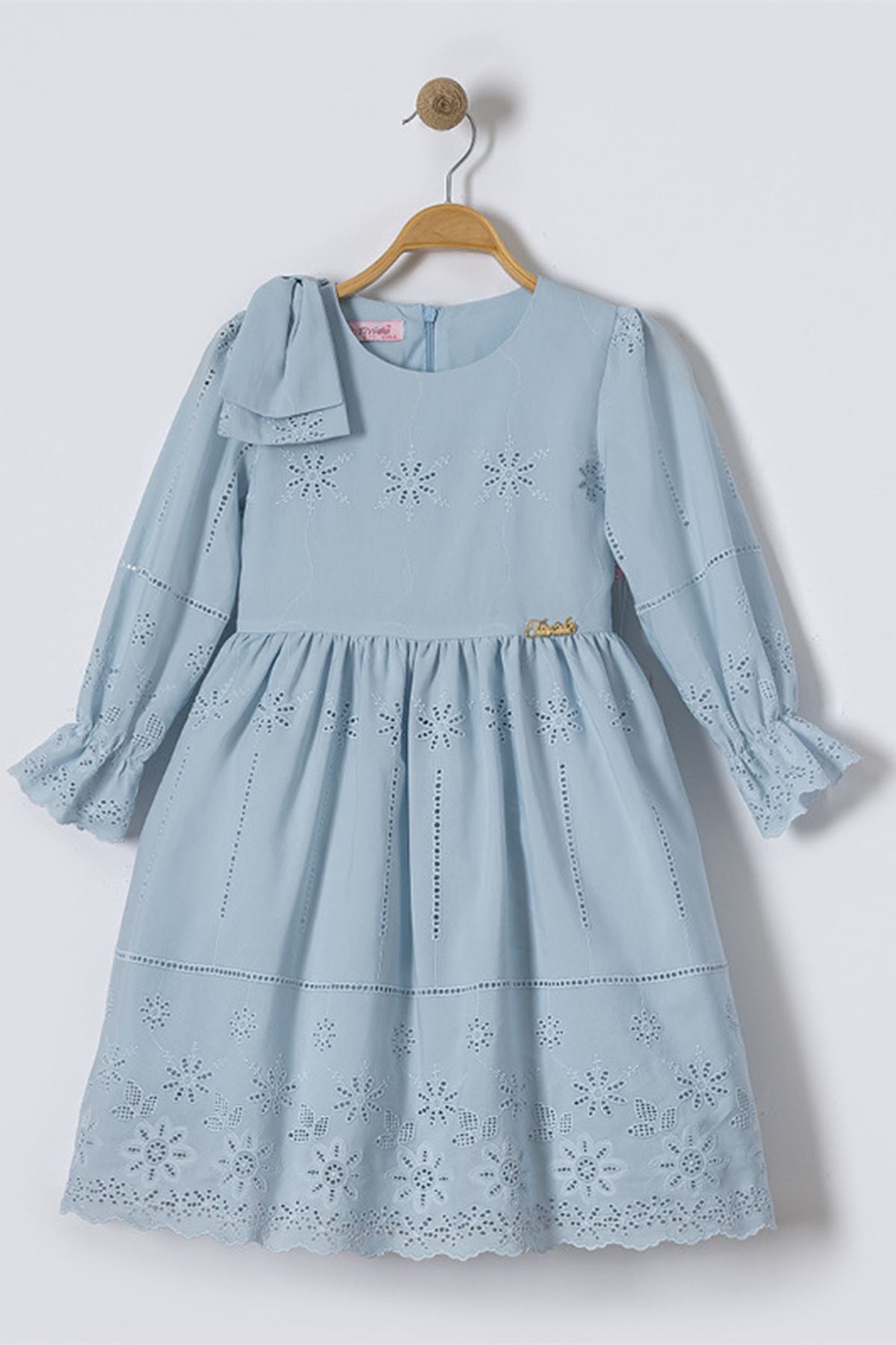 Minigimin Cicileri Brode Nakış Detaylı Kız Çocuk Elbise - Mavi
