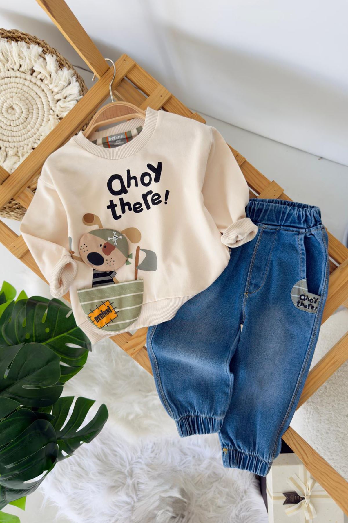 Minigimin Cicileri Sevimli Köpek Detaylı Kotlu Erkek Çocuk 2 li Takım - Krem