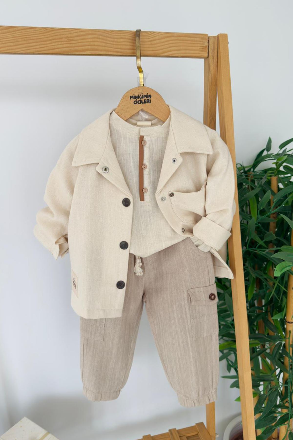 Miniğimin Cicileri Keten Ceketli Spor Cepli Erkek Çocuk 3 lü Takım - Bej