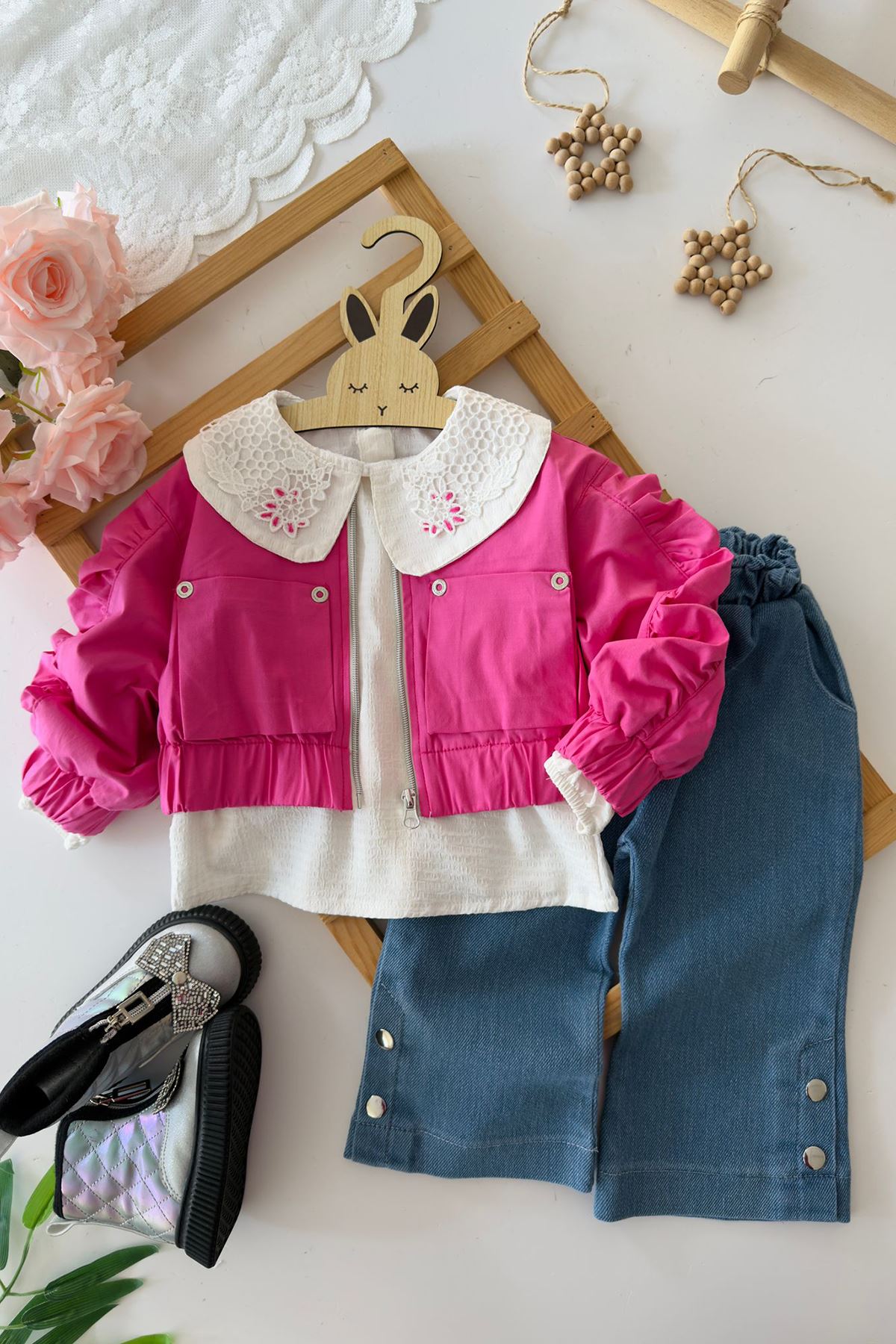 Miniğimin Cicileri Yaka Dantel Detaylı Ceketli 3 lü Kız Çocuk Takım - Fuşya