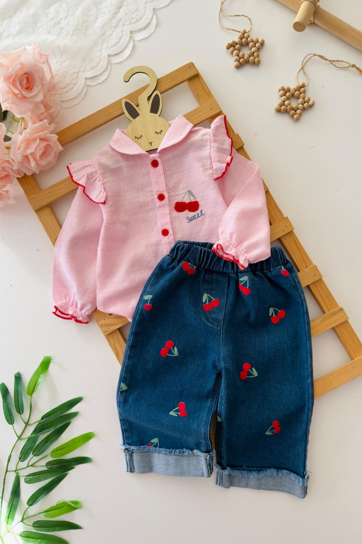 Miniğimin Cicileri Kiraz Desenli Volanlı Kız Bebek 2 li Takım - Pembe