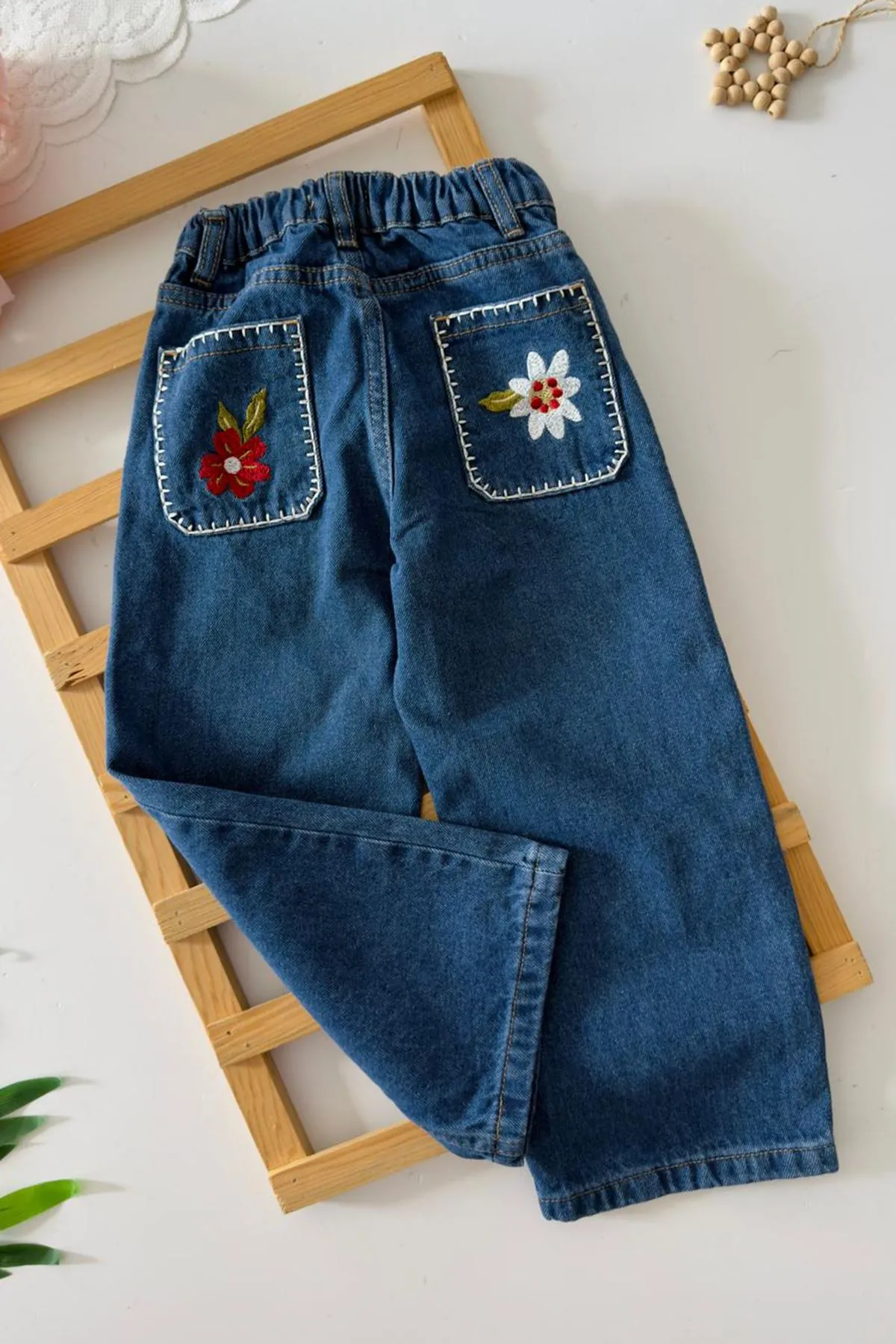 Miniğimin Cicileri Cep Çiçek İşleme Detaylı Kız Çocuk Denim Kot 2 li Takım - Koyu Mavi