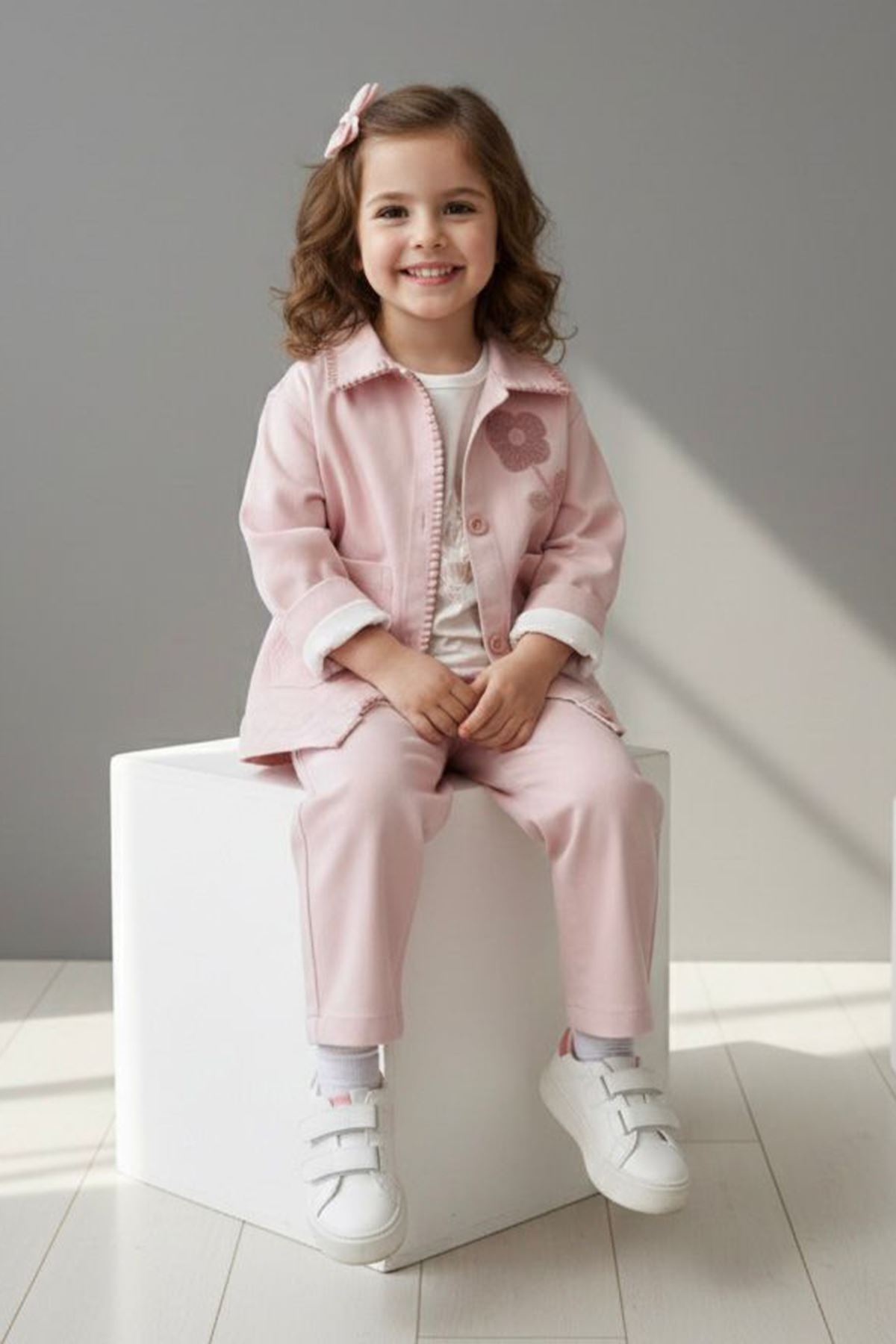 Miniğimin Cicileri Çiçek İşleme Detaylı 3 lü Pamuk Keten Takım - Pudra