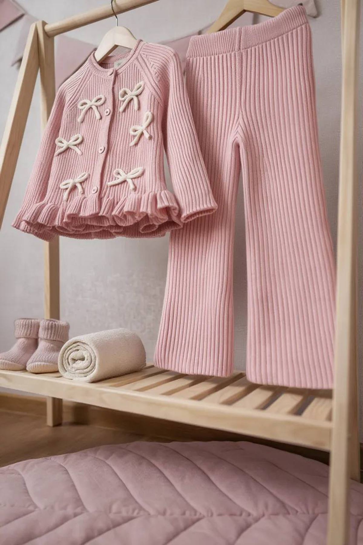 Miniğimin Cicileri Fiyonk Detaylı Fitilli Triko Hırka ve Pantolon 2’li Kız Takımı - Pudra