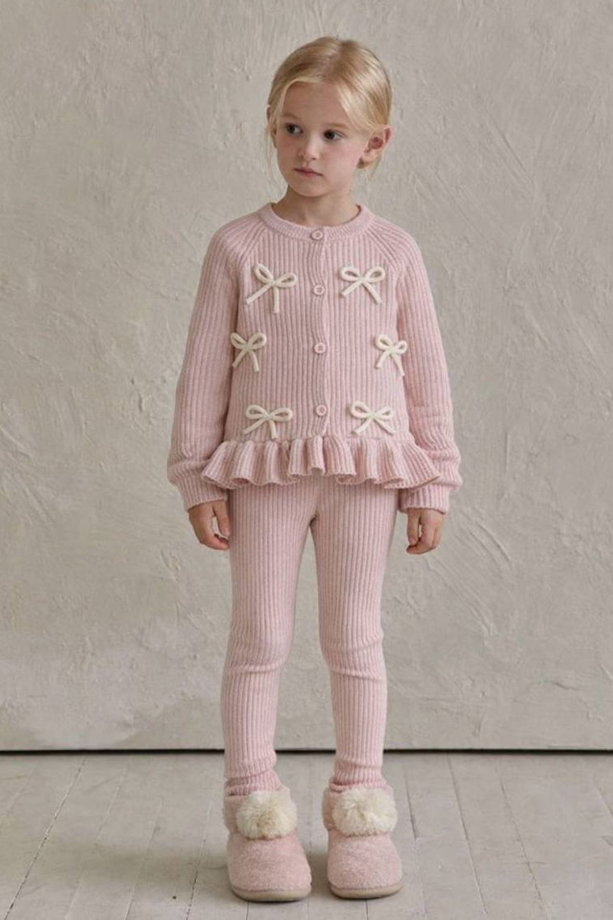 Miniğimin Cicileri Fiyonk Detaylı Fitilli Triko Hırka ve Pantolon 2’li Kız Takımı - Pudra