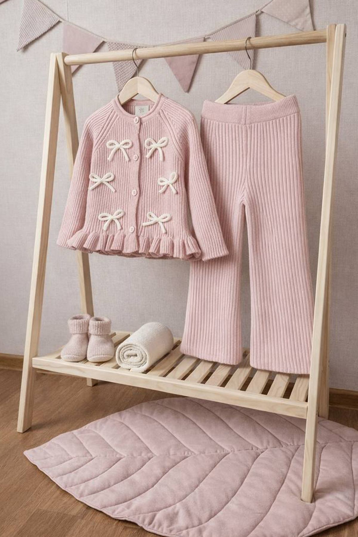 Miniğimin Cicileri Fiyonk Detaylı Fitilli Triko Hırka ve Pantolon 2’li Kız Takımı - Pudra