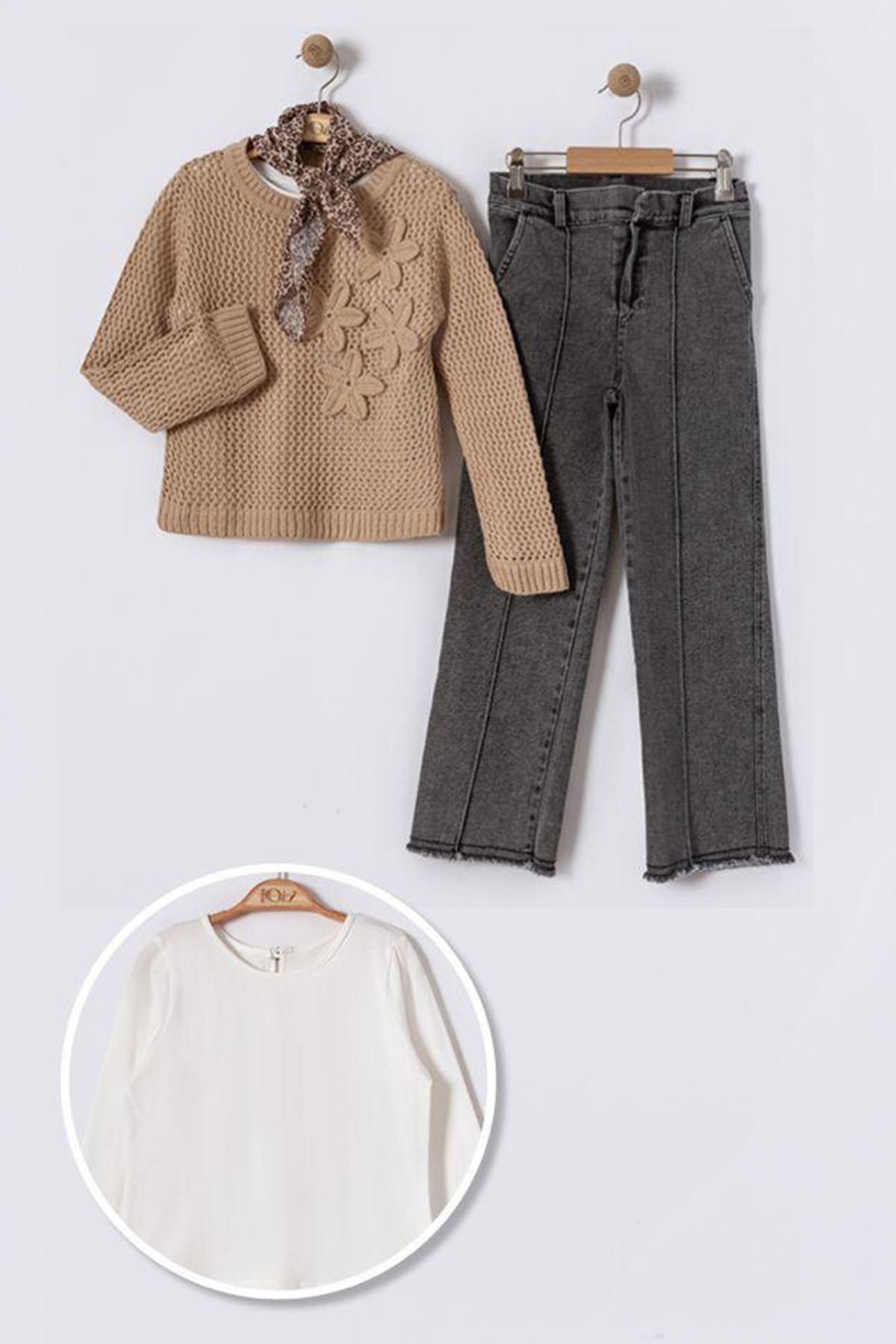 Miniğimin Cicileri File Triko Detaylo Leopar Fularlı 4 lü Takım - Kahve