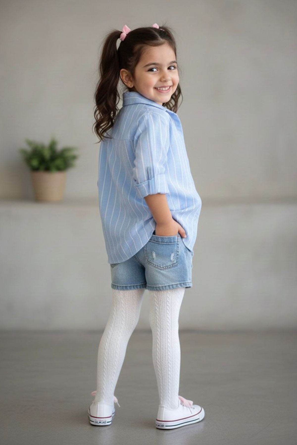 Miniğimin Cicileri Yıldız Detaylı Badi ve Çizgili Kız Çocuk Gömlek - Mavi